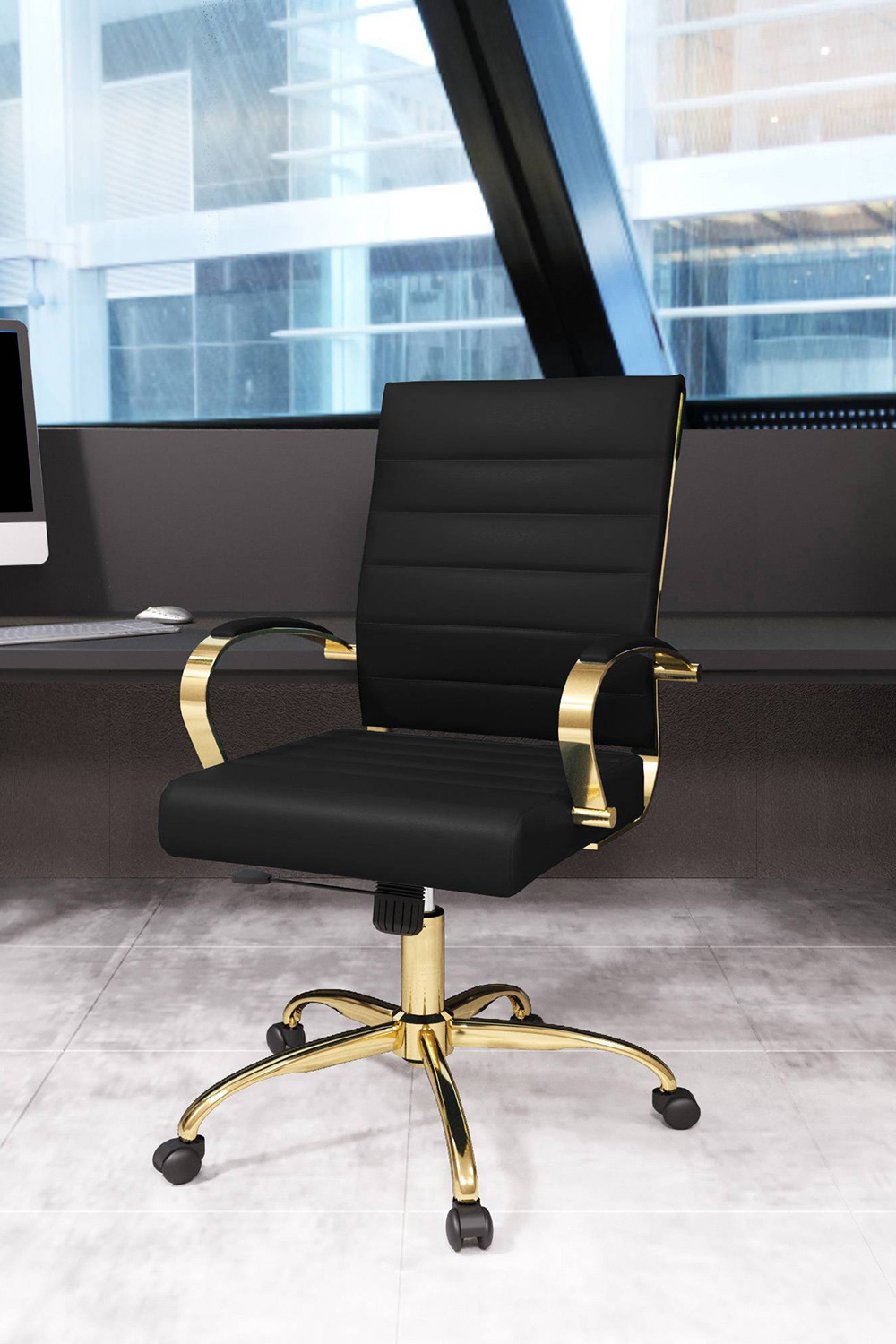 LeisureMod Benmar Home Leather Office Chair with Gold Frame - Black