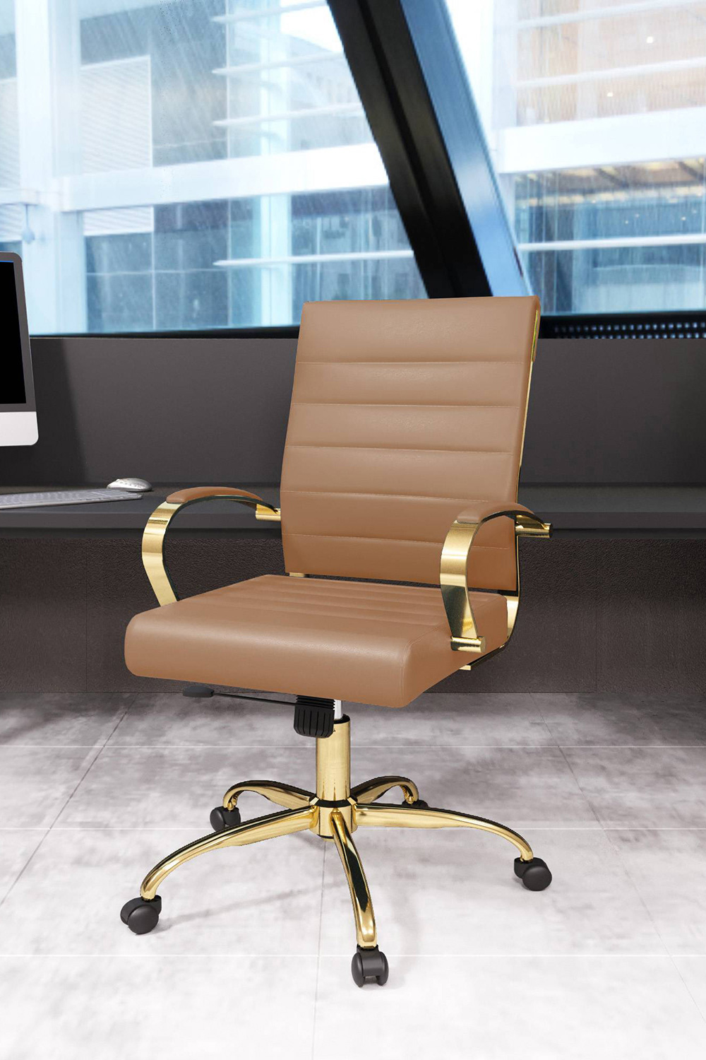 LeisureMod Benmar Home Leather Office Chair with Gold Frame - Brown