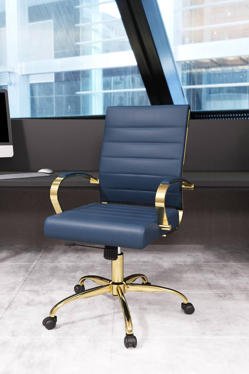 LeisureMod Benmar Home Leather Office Chair with Gold Frame - Blue