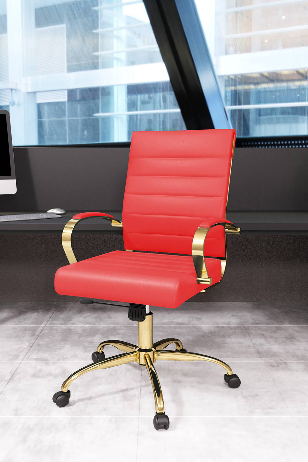 LeisureMod Benmar Home Leather Office Chair with Gold Frame - Red