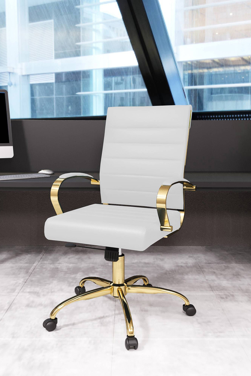 LeisureMod Benmar Home Leather Office Chair with Gold Frame - White