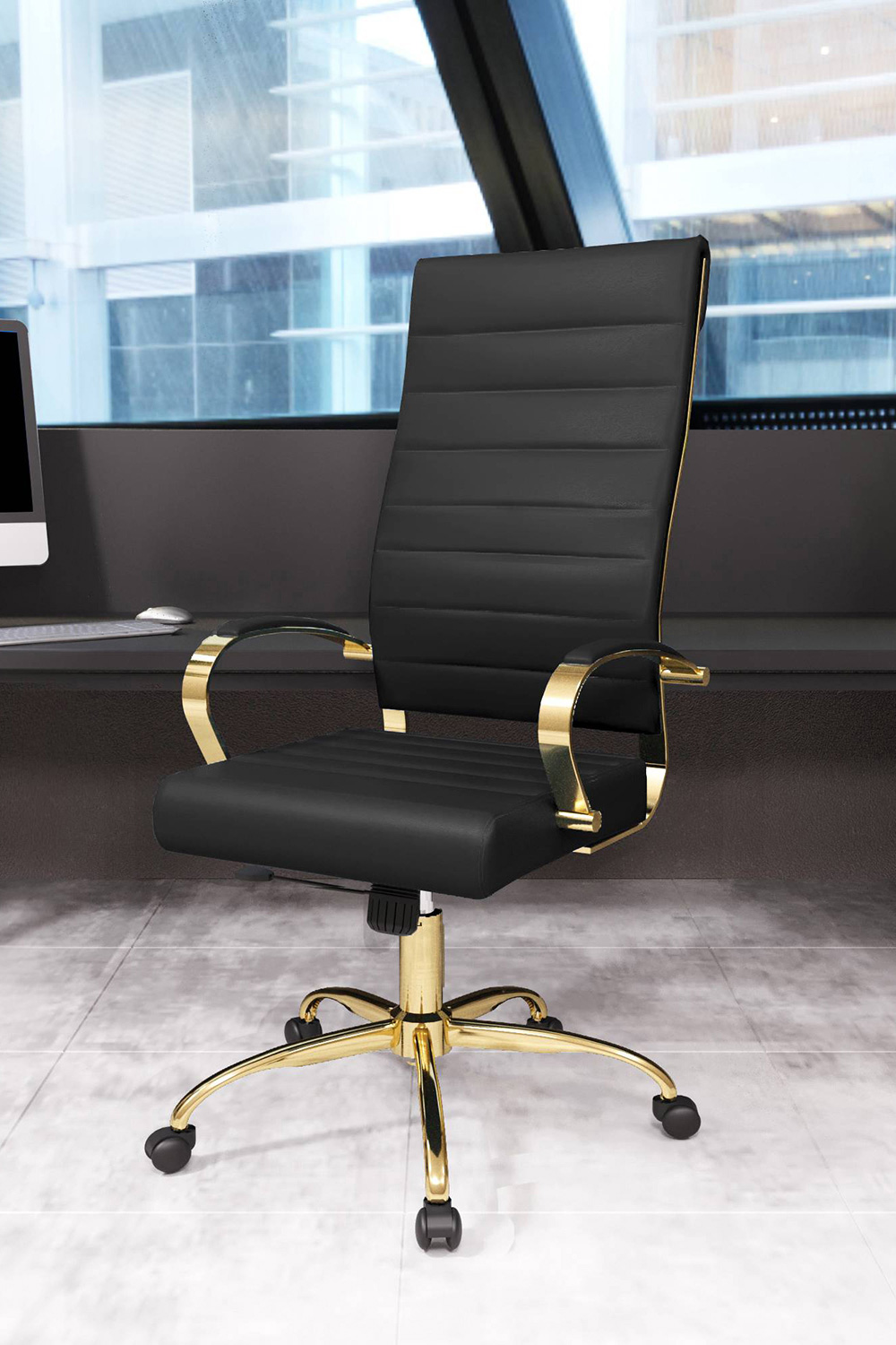 LeisureMod Benmar High-Back Leather Office Chair with Gold Frame - Black