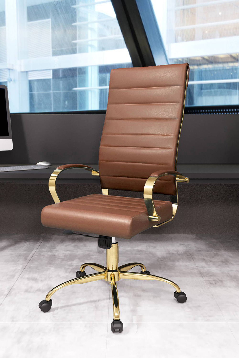 LeisureMod Benmar High-Back Leather Office Chair with Gold Frame - Brown