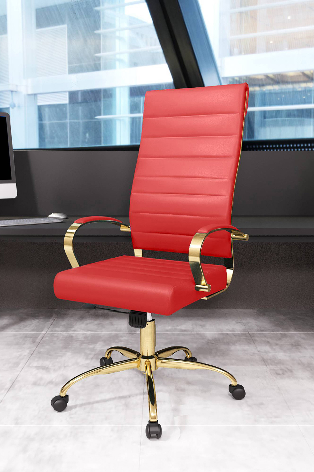 LeisureMod Benmar High-Back Leather Office Chair with Gold Frame - Red