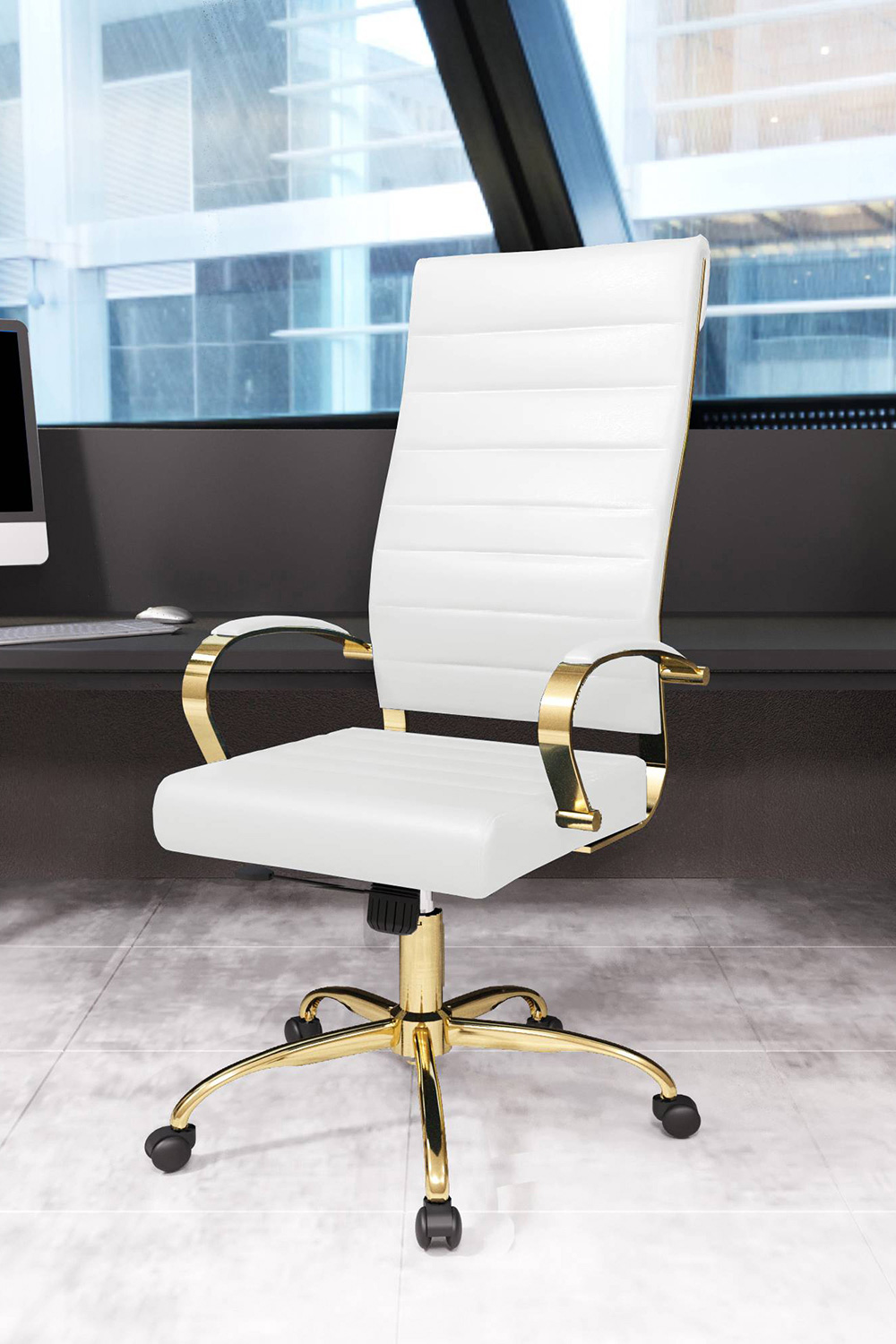 LeisureMod Benmar High-Back Leather Office Chair with Gold Frame - White