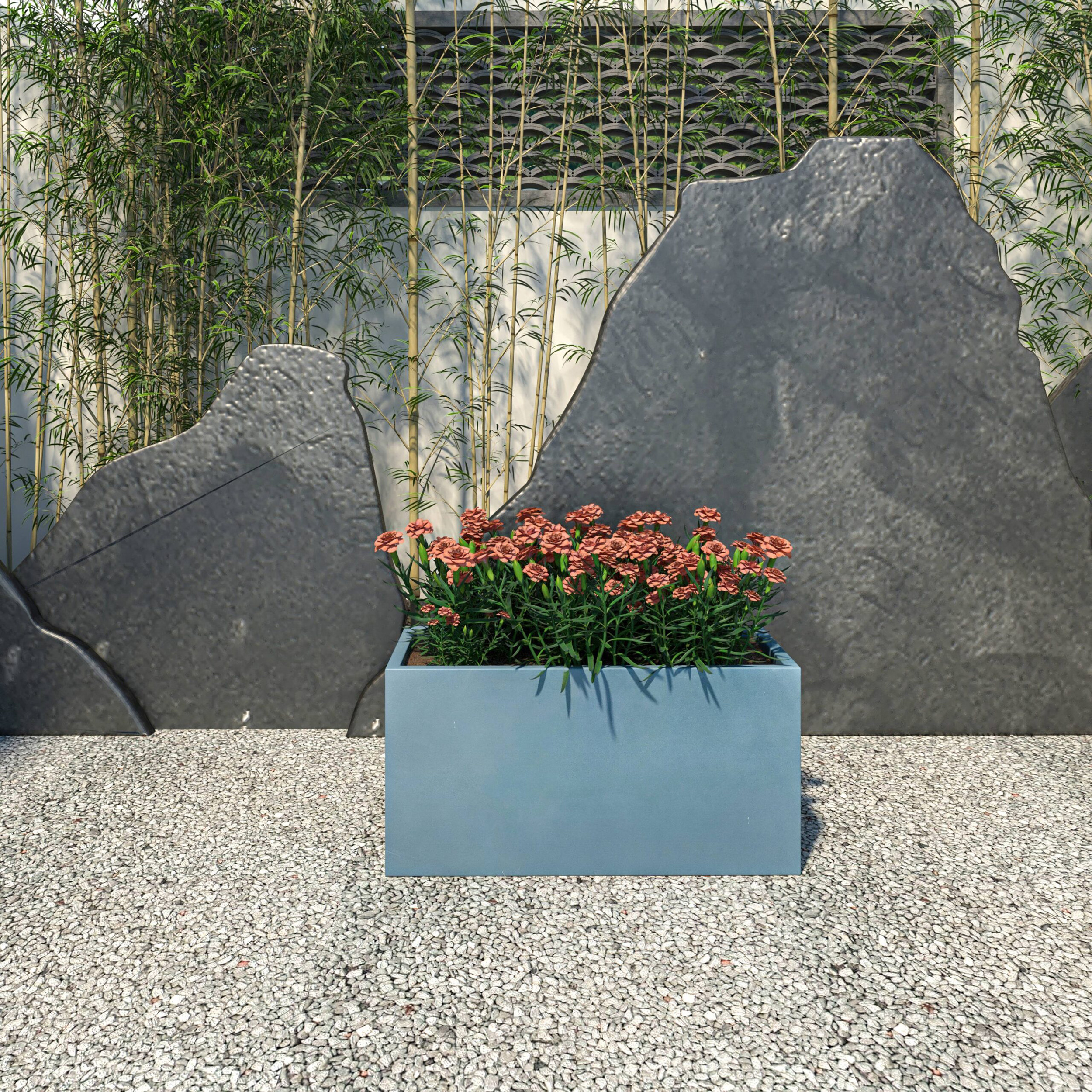 LeisureMod Bloom Mid-Century Modern Rectangular Fiberstone and MGO Clay Planter - Aged Concrete