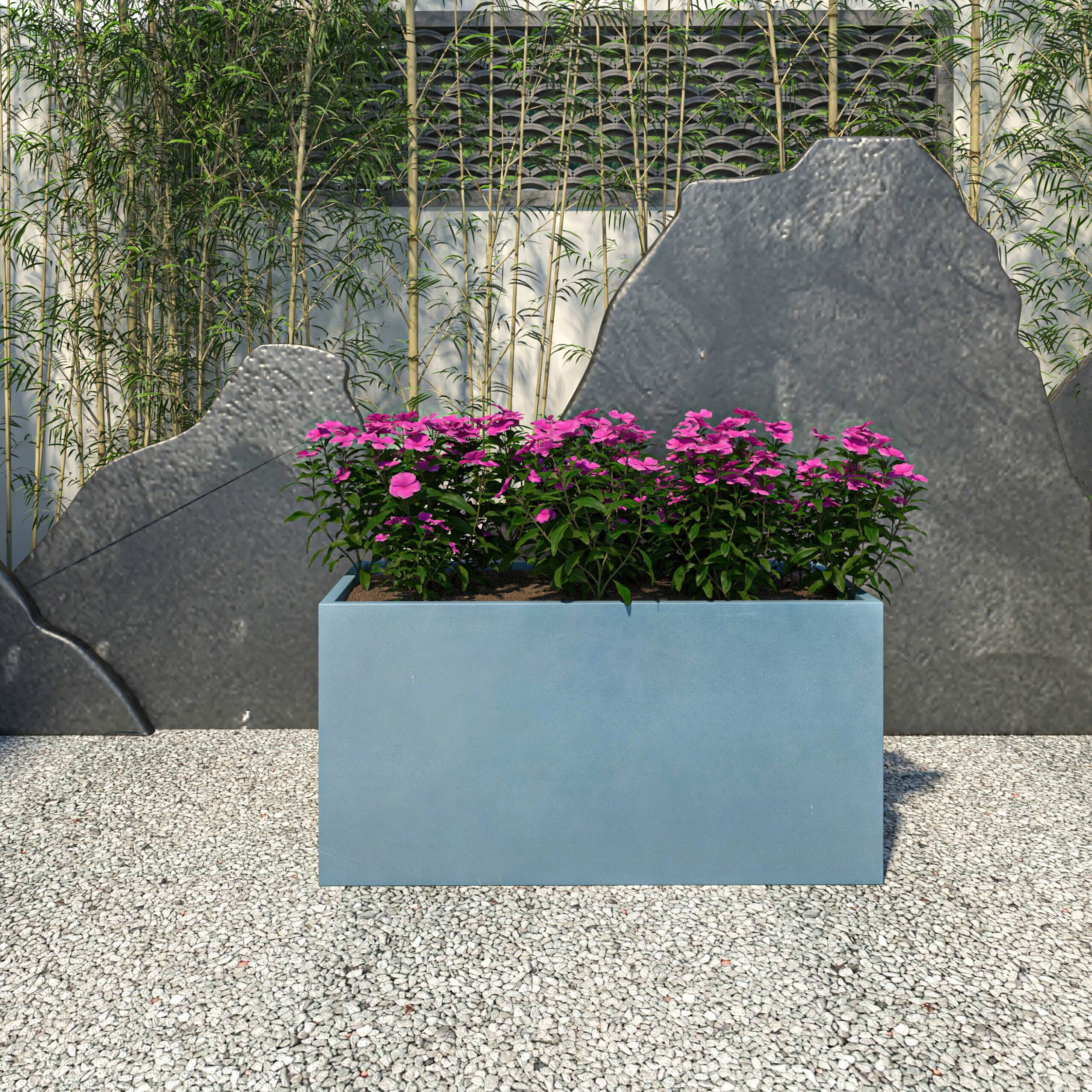 LeisureMod Bloom Mid-Century Modern Rectangular Fiberstone and MGO Clay Planter - Aged Concrete