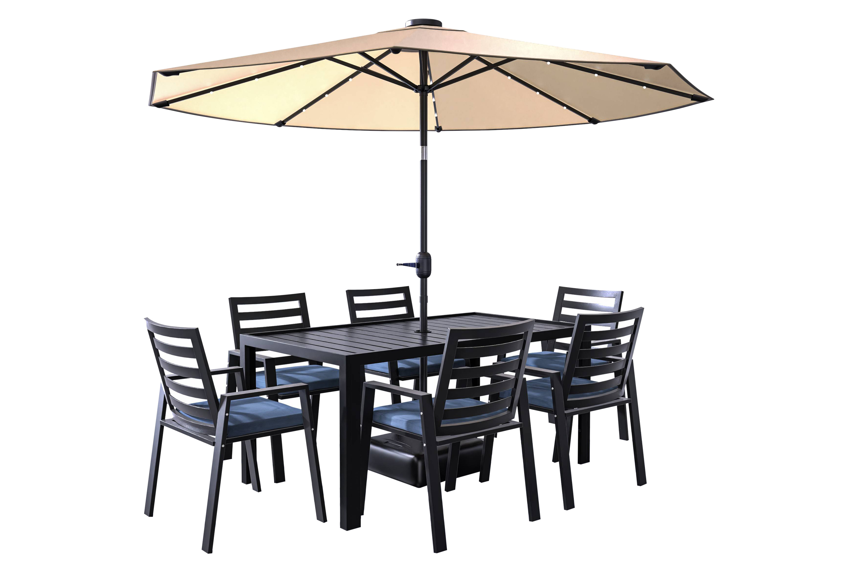 LeisureMod Chelsea Modern 7-Piece Outdoor Dining Set in Black Aluminum with Removable Cushions