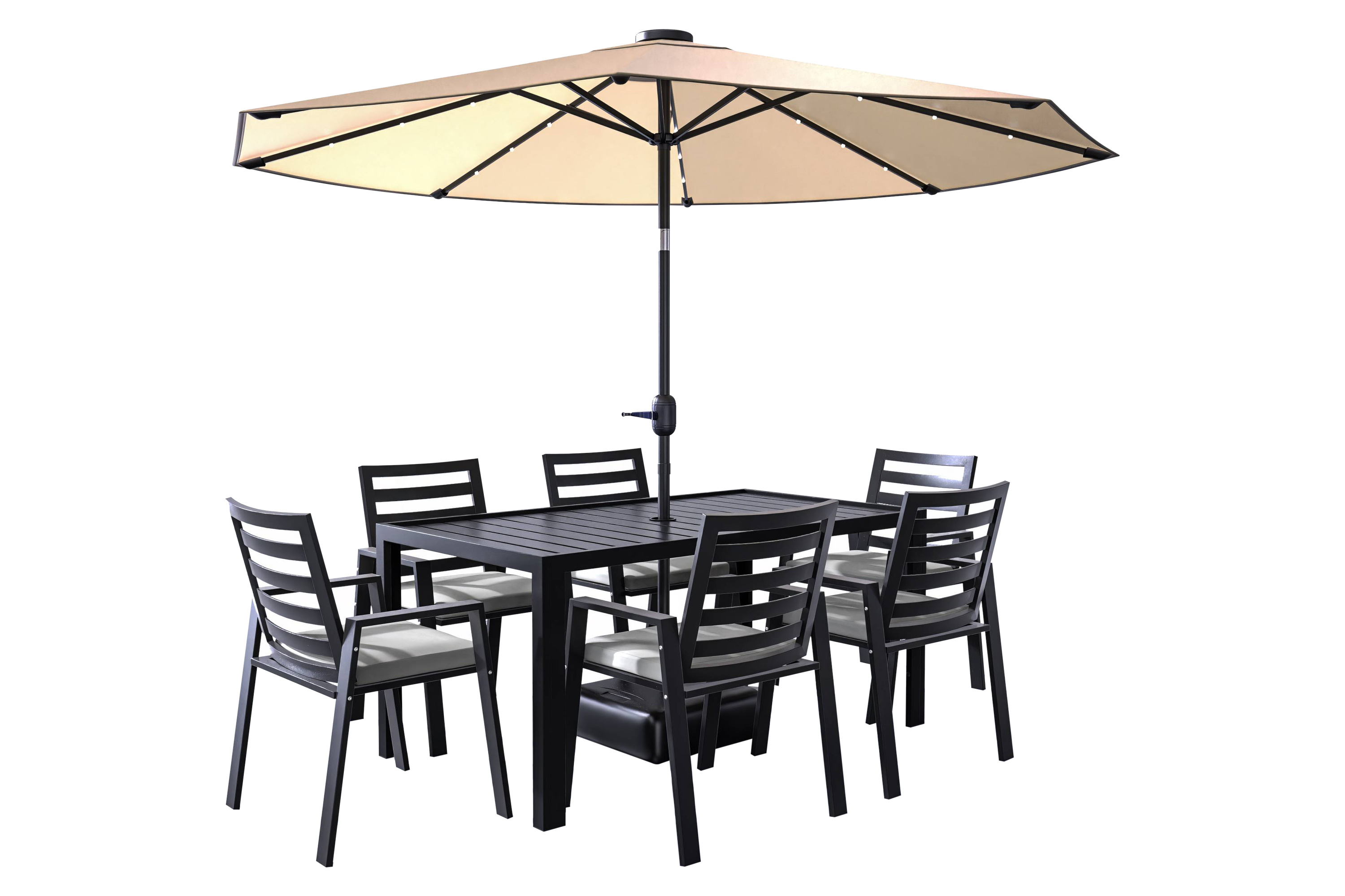 LeisureMod Chelsea Modern 7-Piece Outdoor Dining Set in Black Aluminum with Removable Cushions