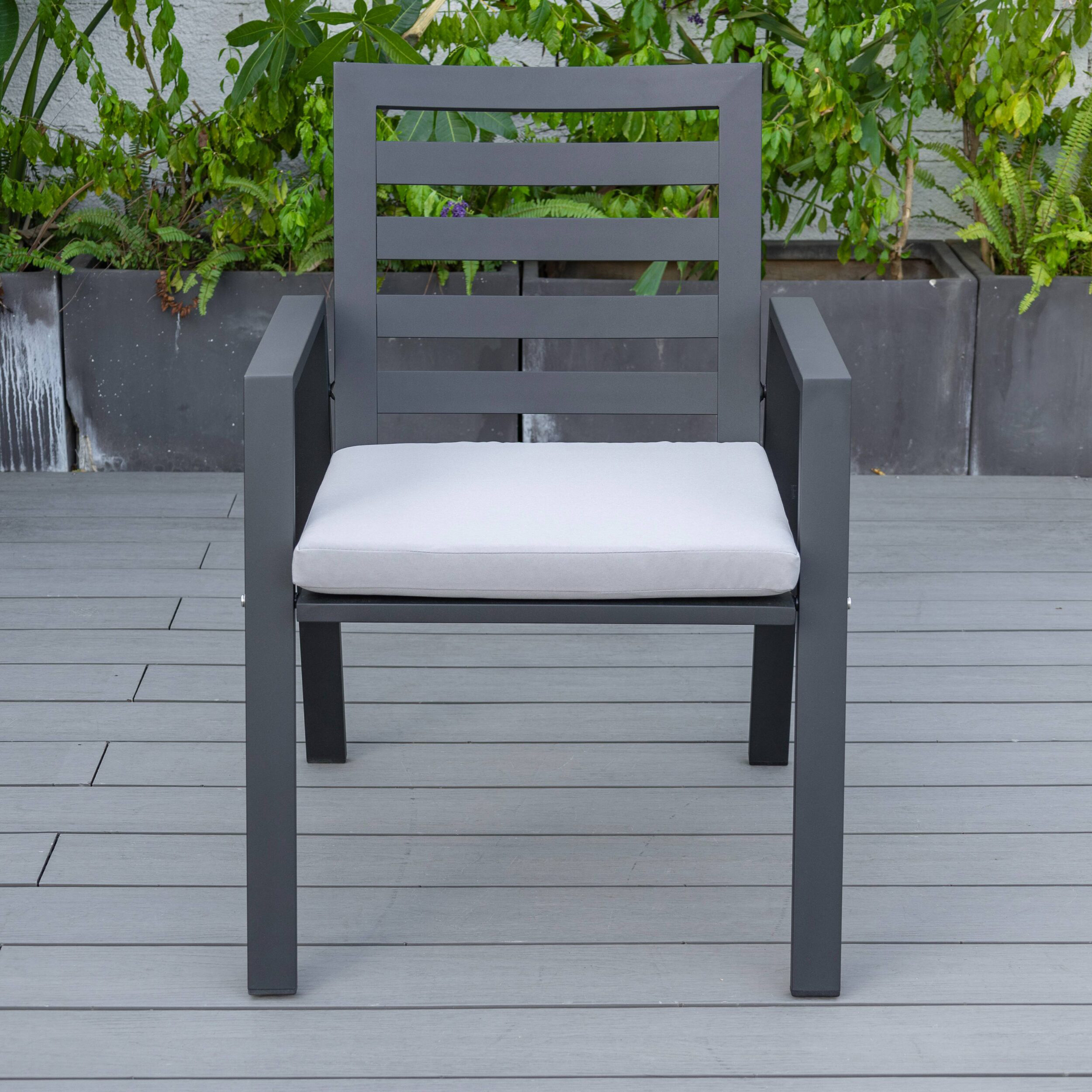 LeisureMod Chelsea Modern 7-Piece Outdoor Dining Set in Black Aluminum with Removable Cushions - Light Gray