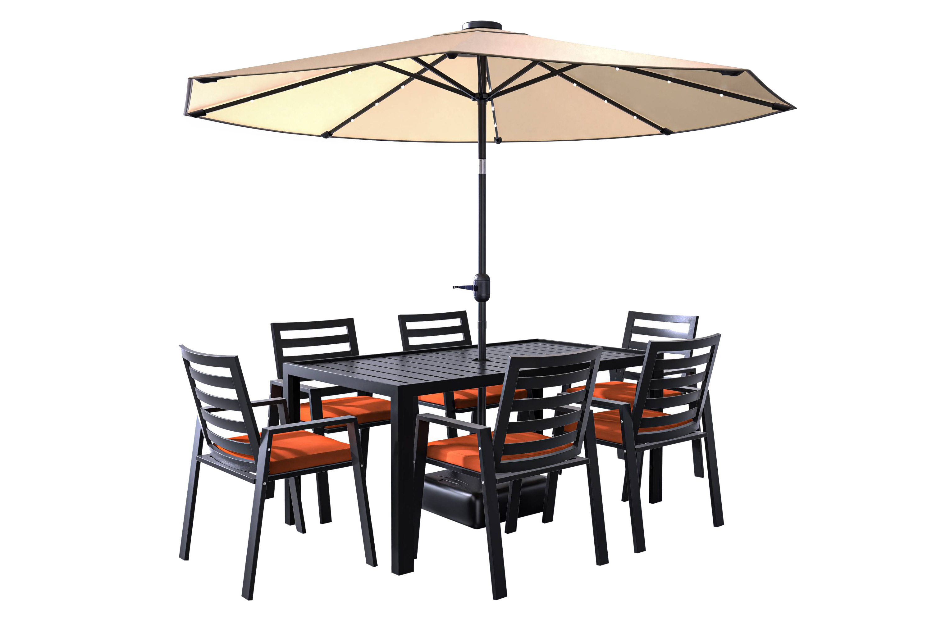 LeisureMod Chelsea Modern 7-Piece Outdoor Dining Set in Black Aluminum with Removable Cushions