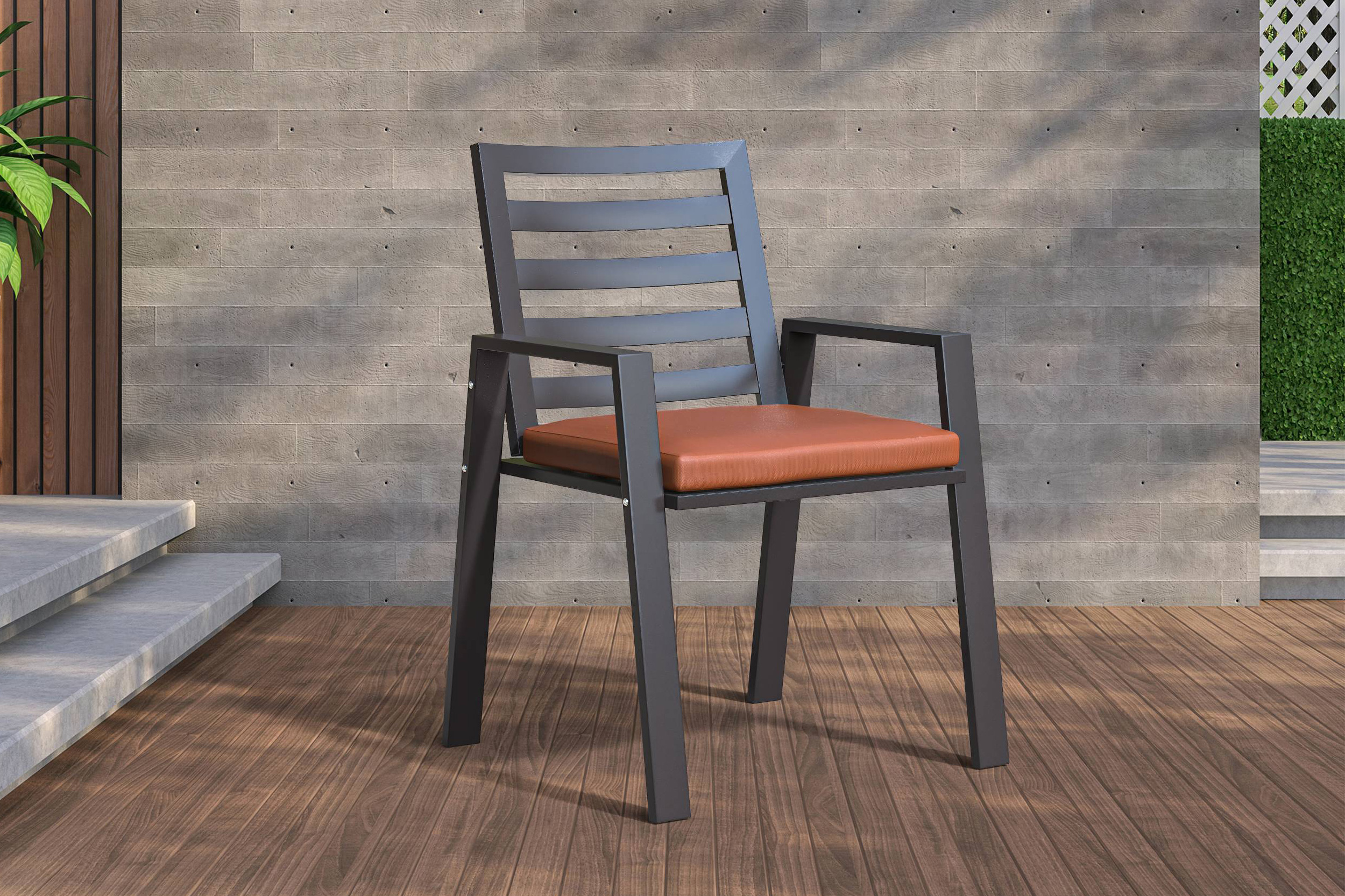 LeisureMod Chelsea Modern 7-Piece Outdoor Dining Set in Black Aluminum with Removable Cushions - Orange