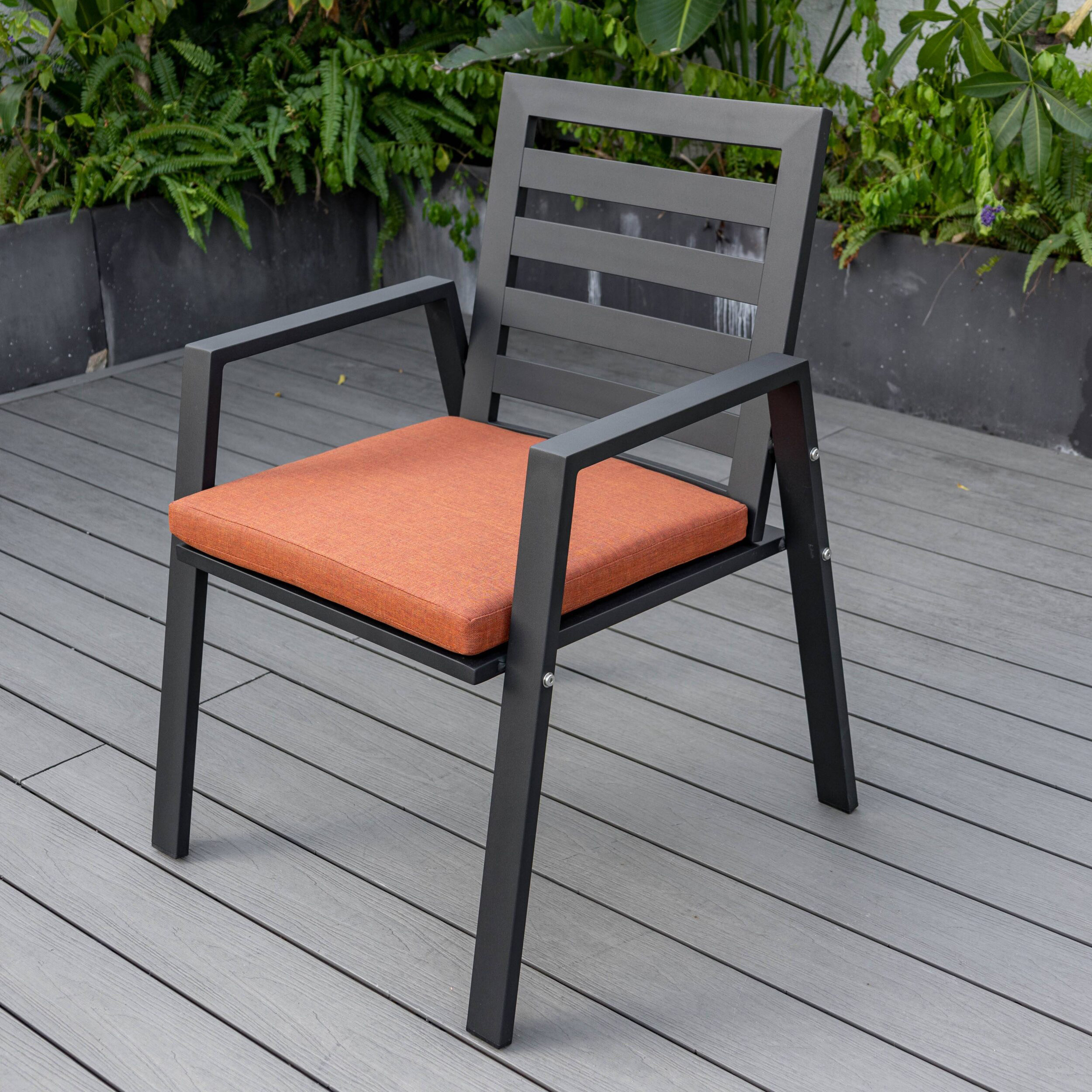 LeisureMod Chelsea Modern 7-Piece Outdoor Dining Set in Black Aluminum with Removable Cushions - Orange