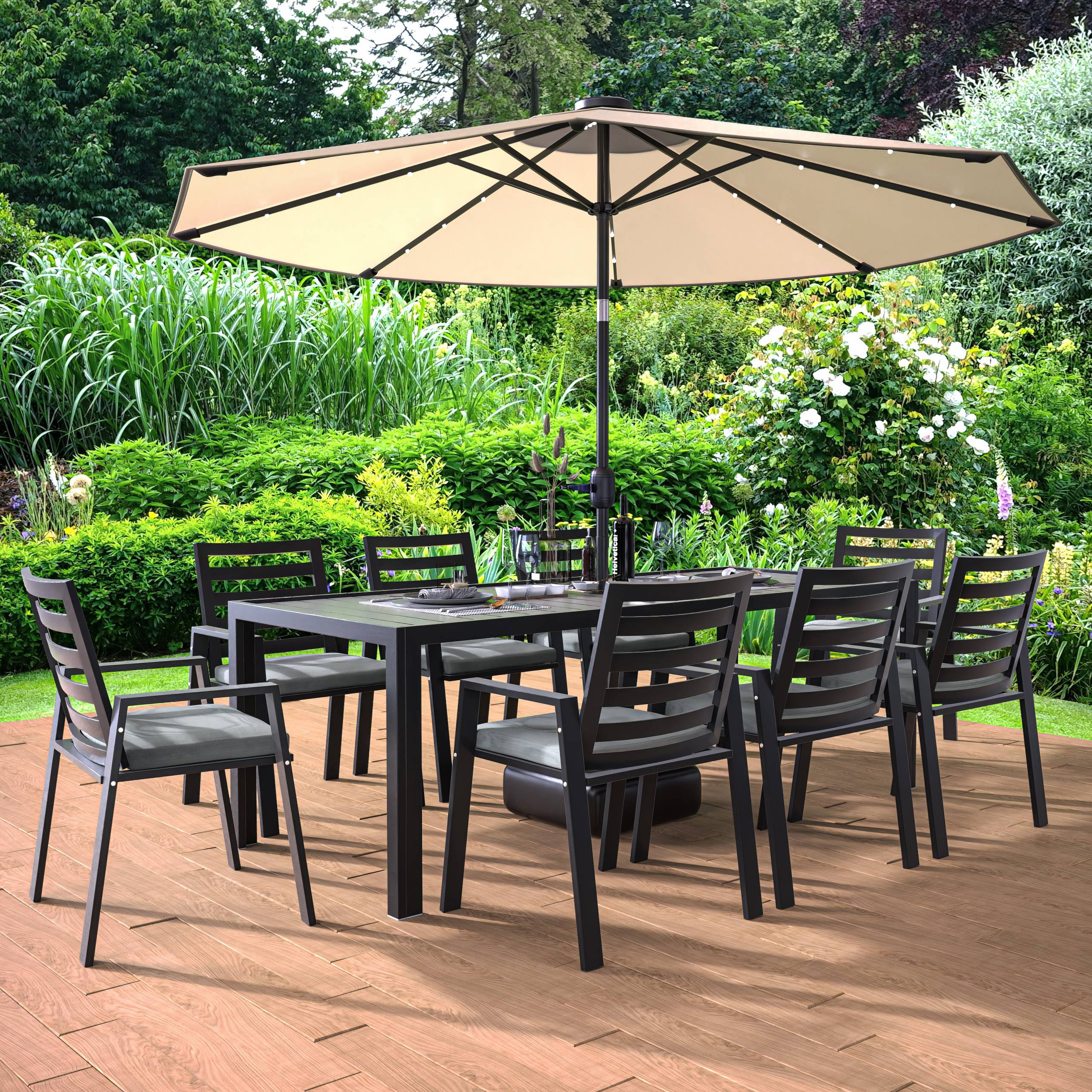 LeisureMod Chelsea Modern 9-Piece Outdoor Dining Set in Black Aluminum with Removable Cushions