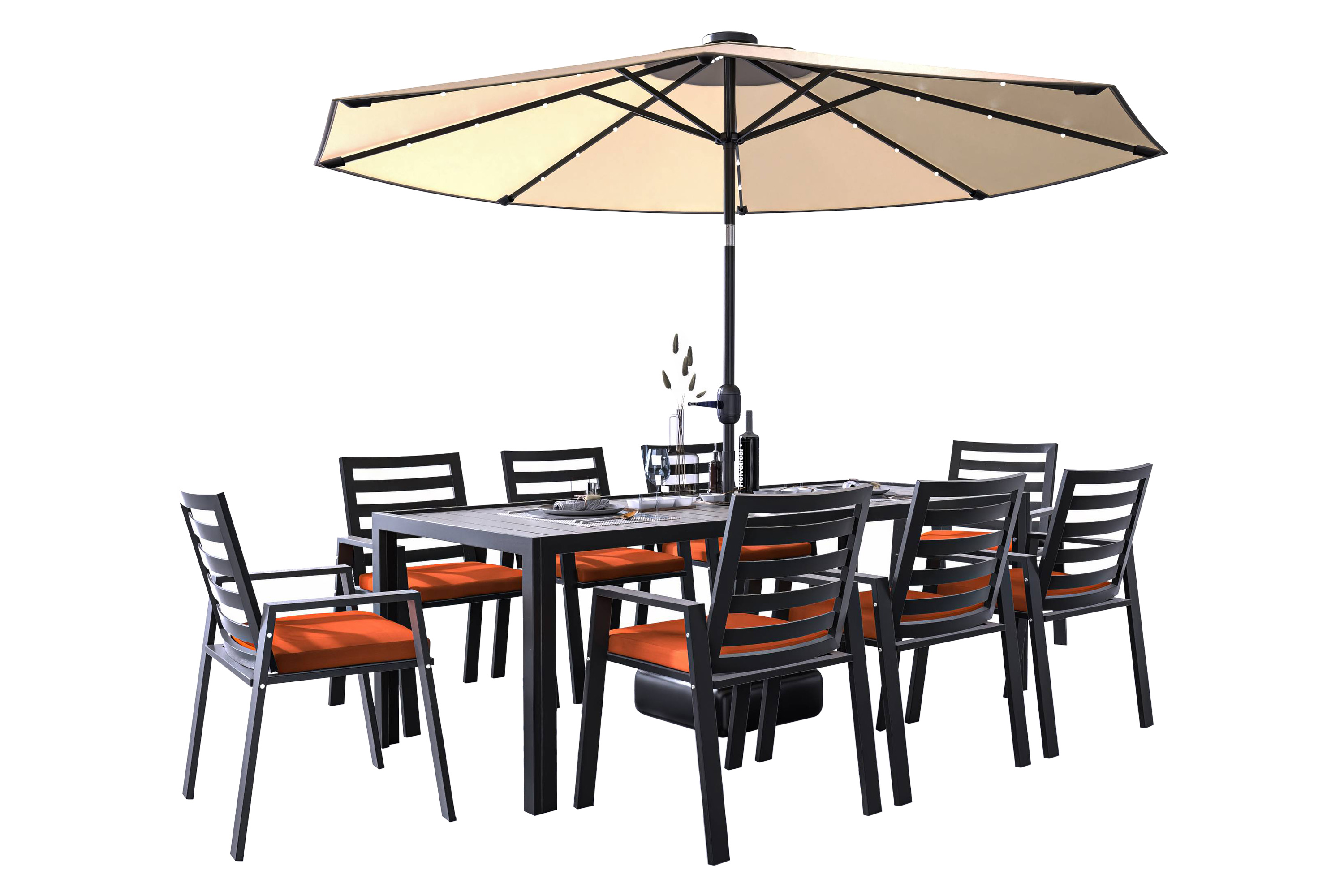 LeisureMod Chelsea Modern 9-Piece Outdoor Dining Set in Black Aluminum with Removable Cushions