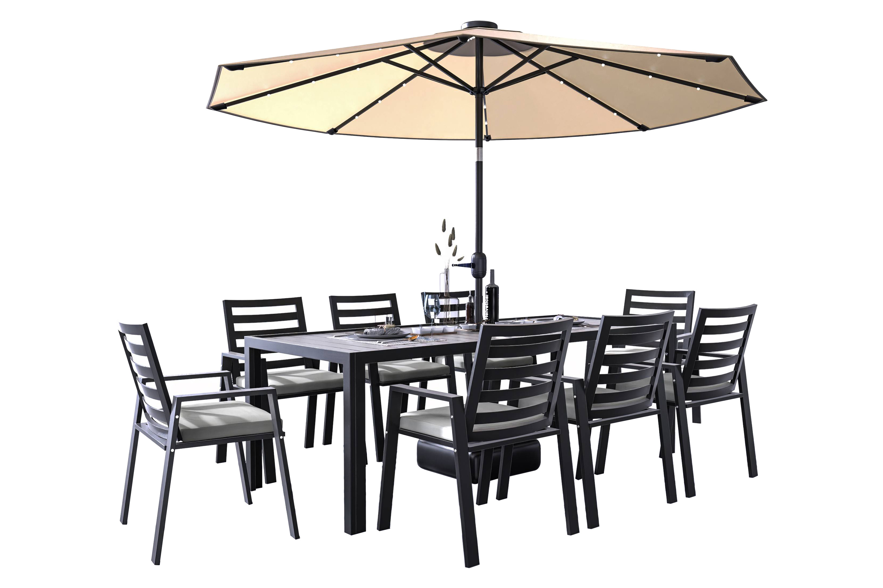 LeisureMod Chelsea Modern 9-Piece Outdoor Dining Set in Black Aluminum with Removable Cushions