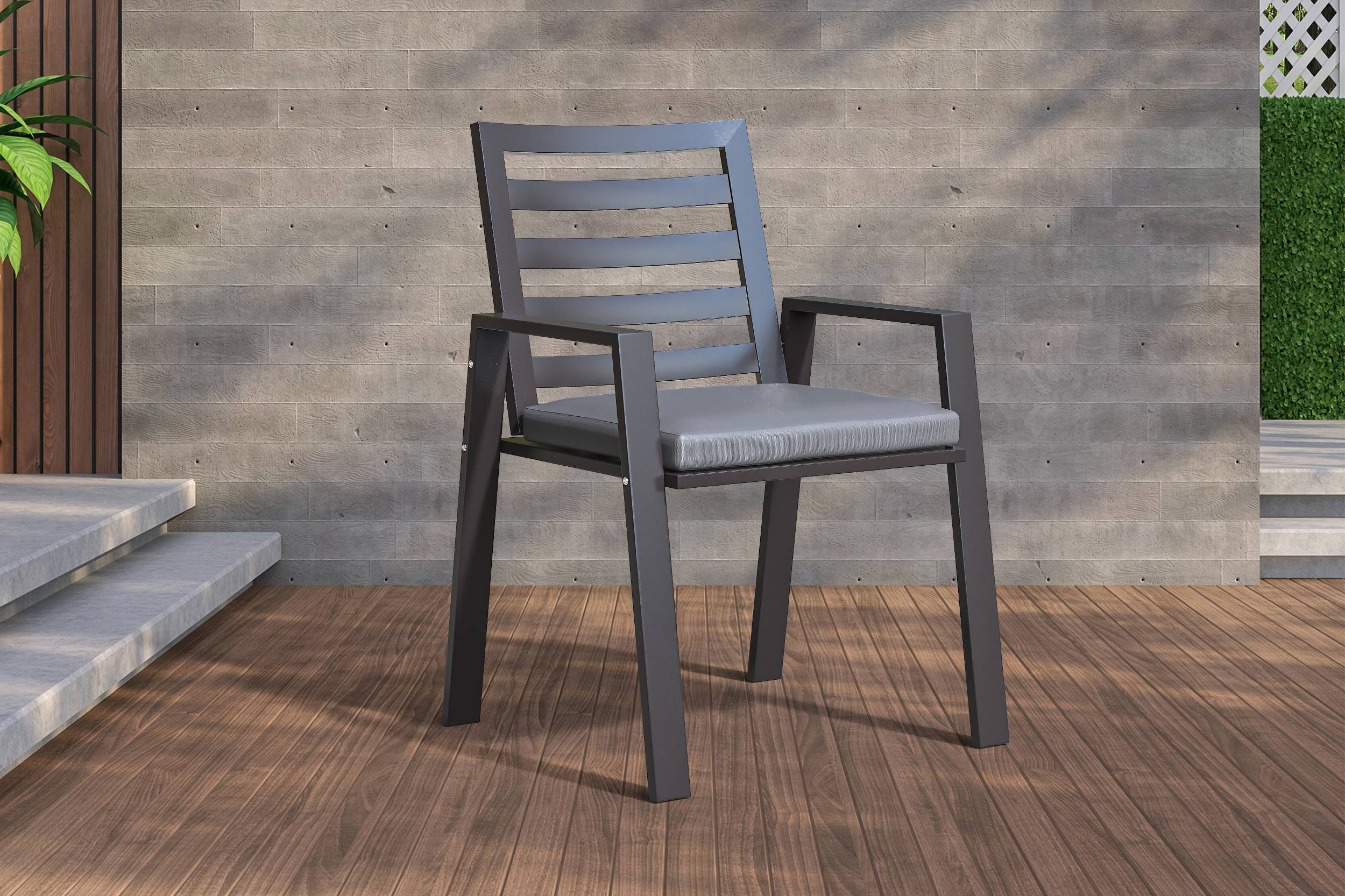 LeisureMod Chelsea Modern Patio Dining Armchair in Aluminum with Removable Cushions - Black