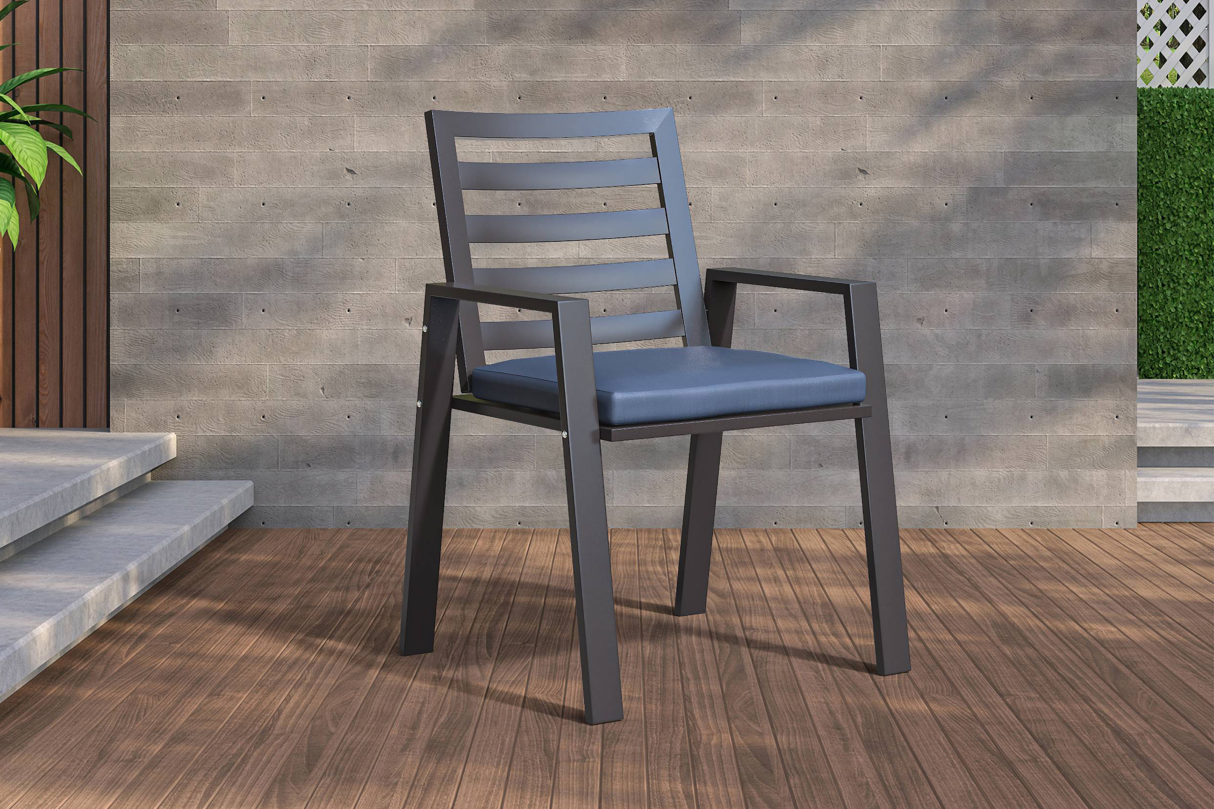 LeisureMod Chelsea Modern Patio Dining Armchair in Aluminum with Removable Cushions - Charcoal Blue