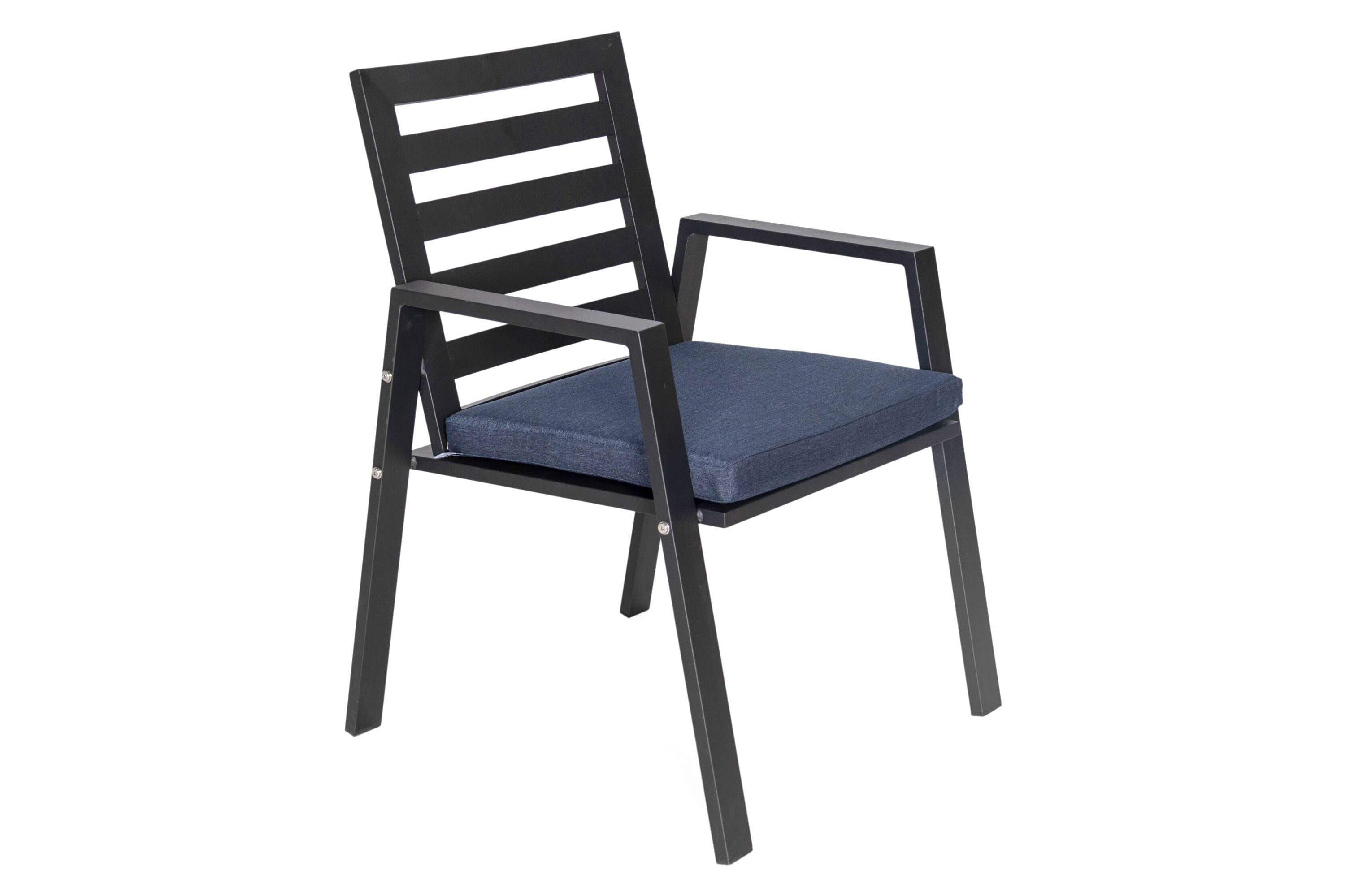 LeisureMod Chelsea Modern Patio Dining Armchair in Aluminum with Removable Cushions - Charcoal Blue