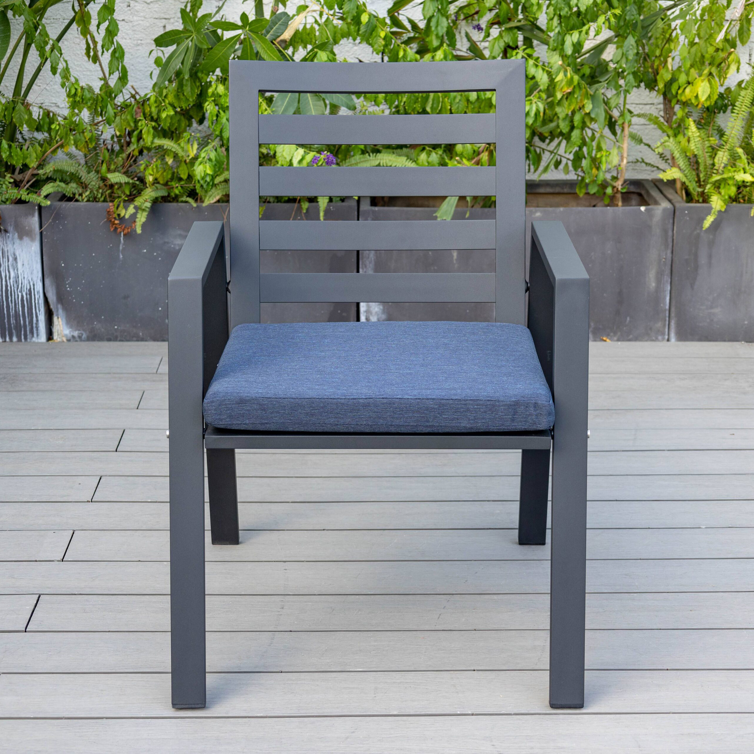 LeisureMod Chelsea Modern Patio Dining Armchair in Aluminum with Removable Cushions - Charcoal Blue