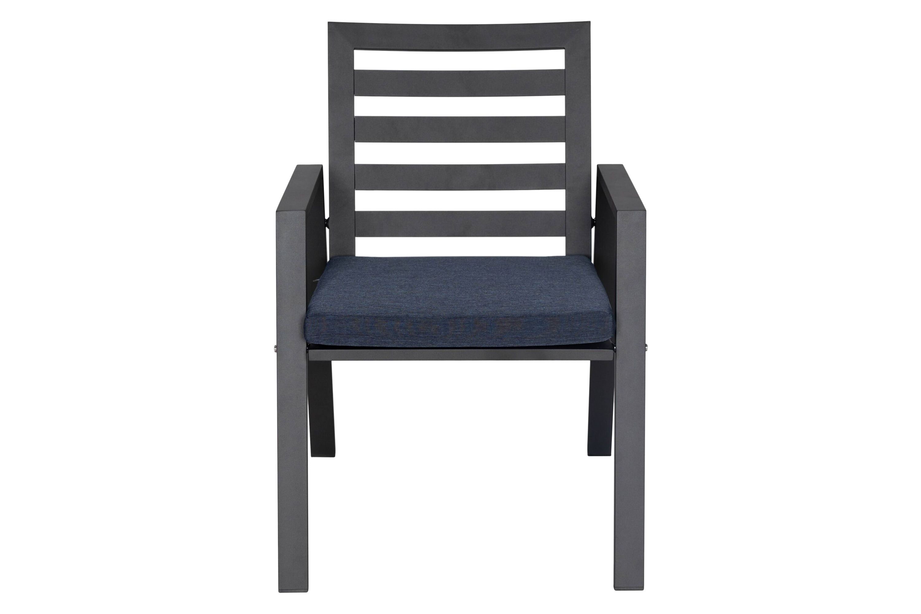 LeisureMod Chelsea Modern Patio Dining Armchair in Aluminum with Removable Cushions - Charcoal Blue