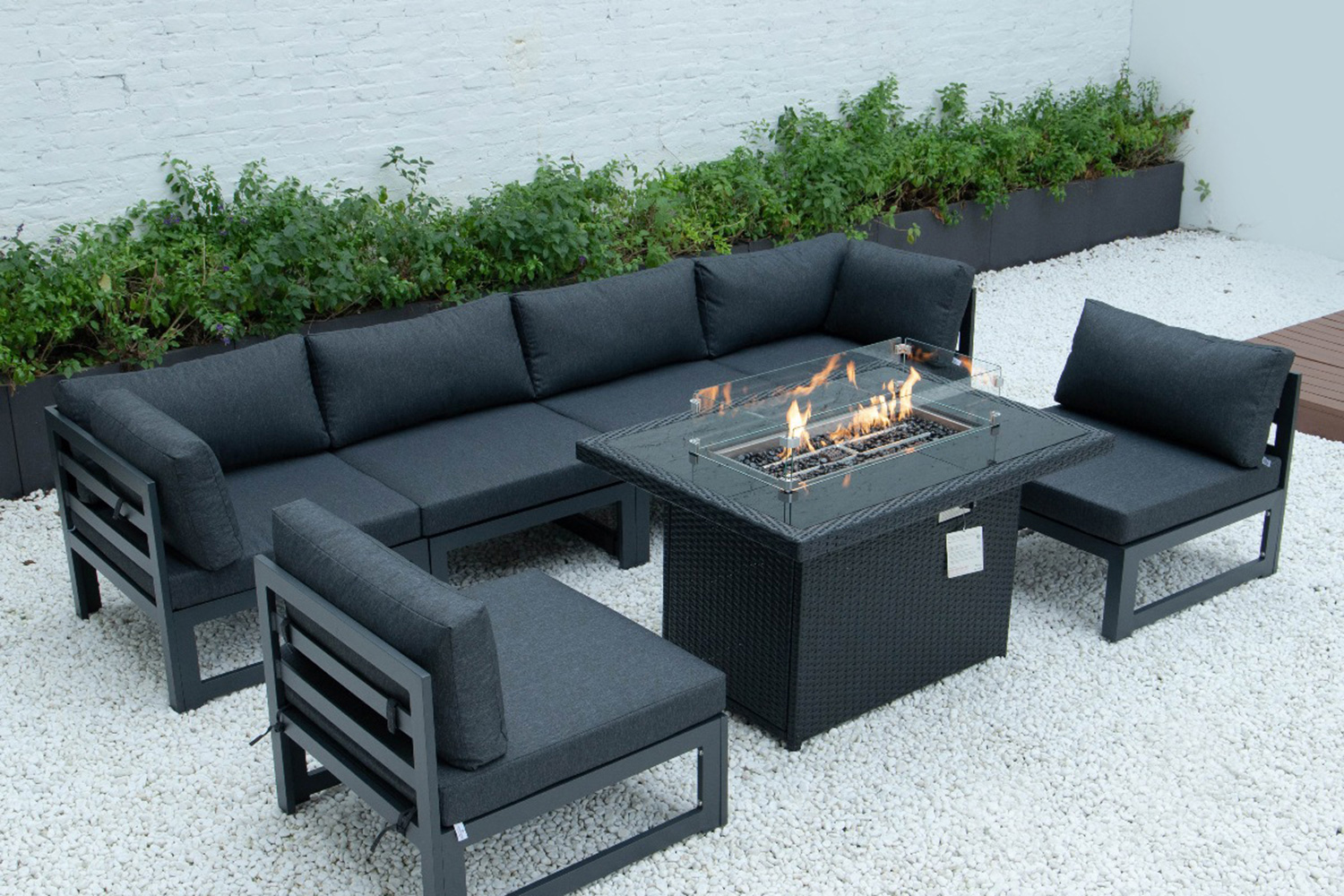 LeisureMod Mace Patio Modern Wicker Propane Fire Pit Table - Black