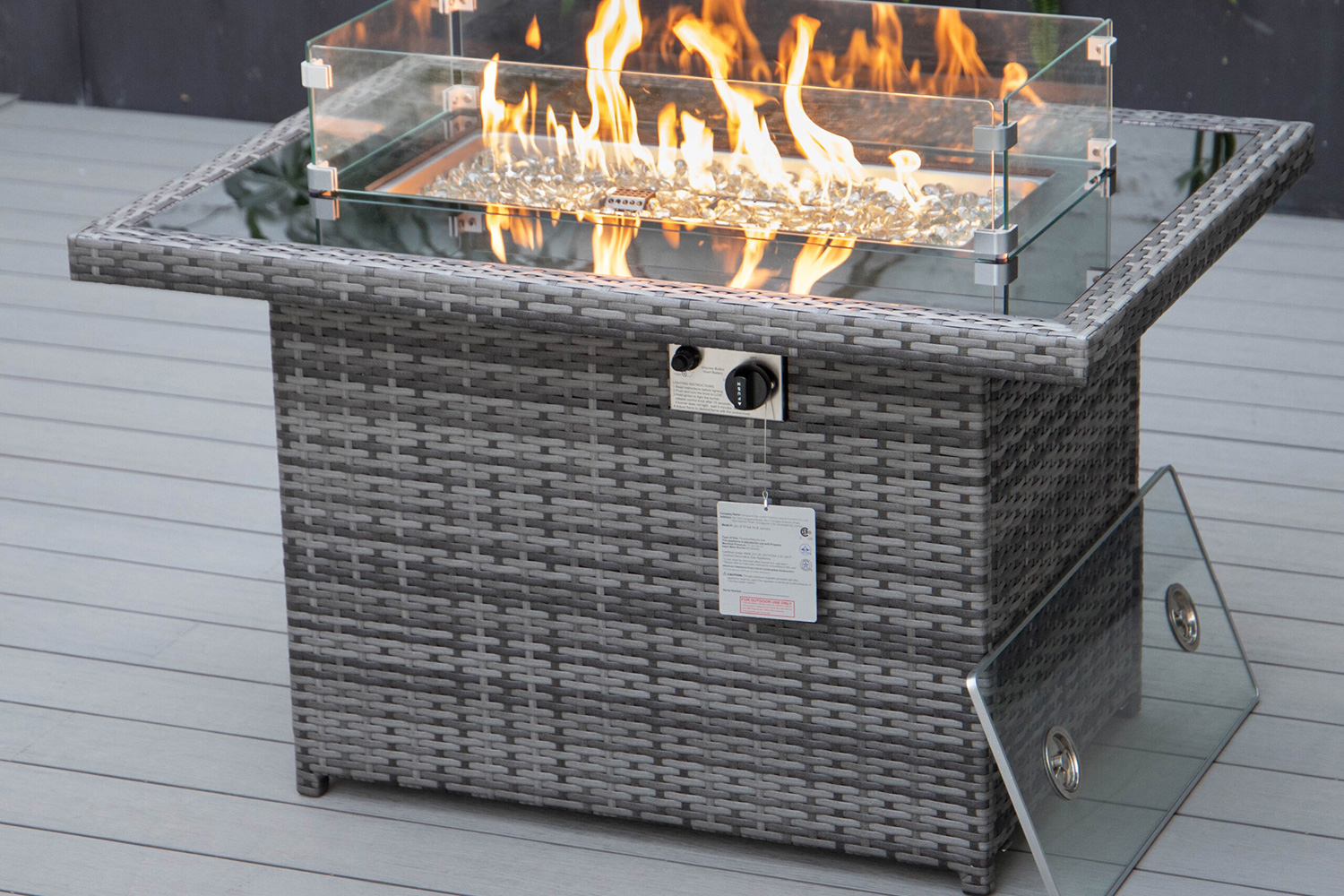 LeisureMod Mace Patio Modern Wicker Propane Fire Pit Table - Gray