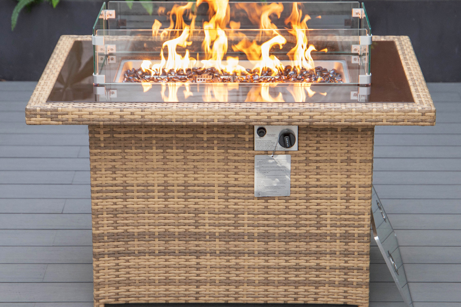 LeisureMod - Mace Patio Modern Wicker Propane Fire Pit Table