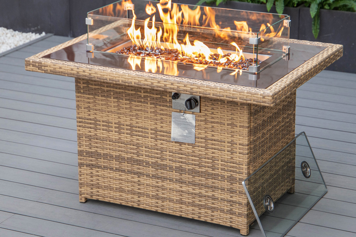 LeisureMod Mace Patio Modern Wicker Propane Fire Pit Table - Light Brown