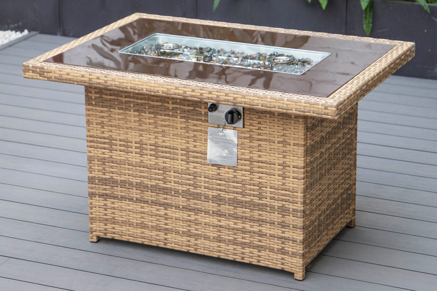 LeisureMod Mace Patio Modern Wicker Propane Fire Pit Table - Light Brown