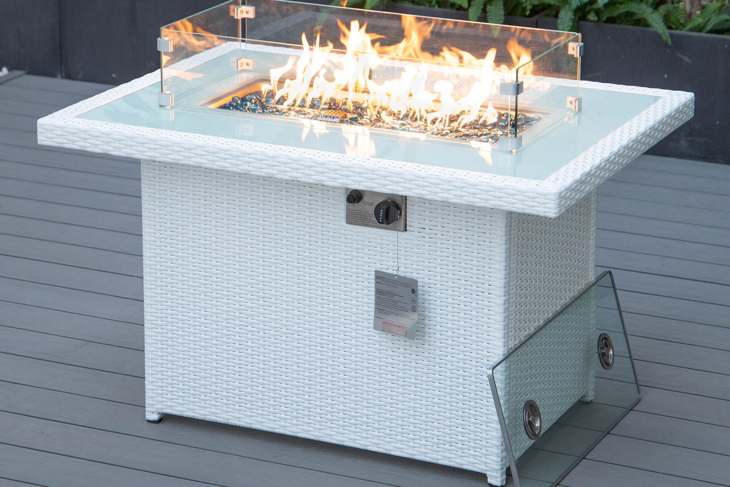 LeisureMod Mace Patio Modern Wicker Propane Fire Pit Table - White