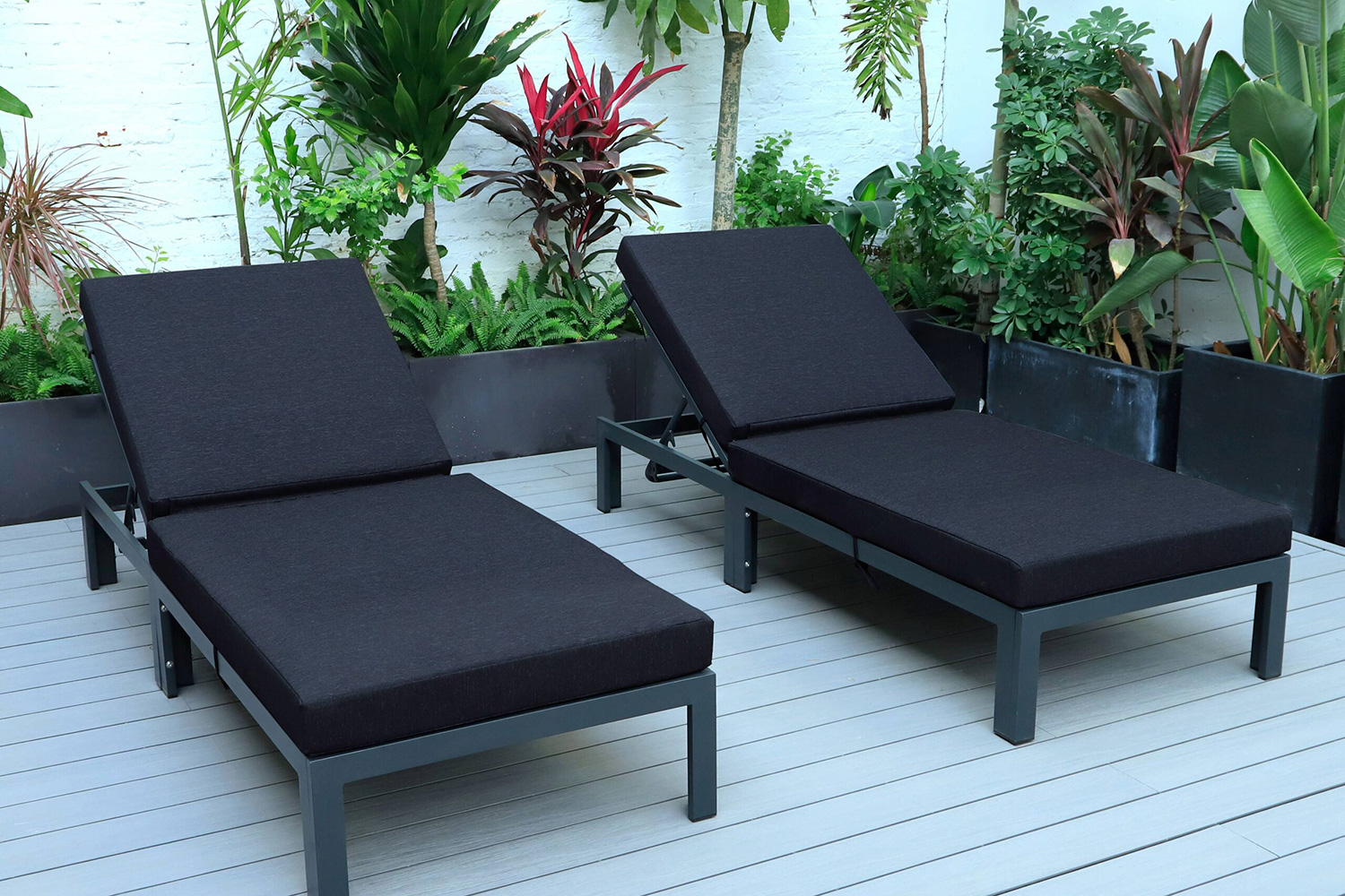 LeisureMod Chelsea Modern Outdoor Black Chaise Lounge Chair with Cushions (Set Of 2) - Black