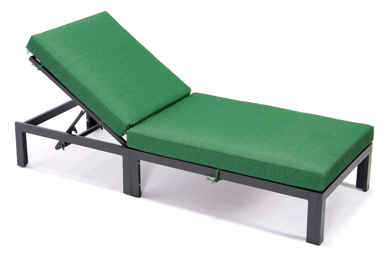 LeisureMod Chelsea Modern Outdoor Black Chaise Lounge Chair with Cushions - Green