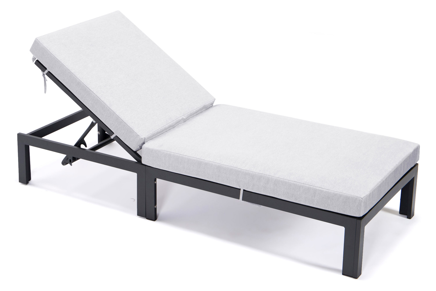 LeisureMod Chelsea Modern Outdoor Black Chaise Lounge Chair with Cushions - Light Gray