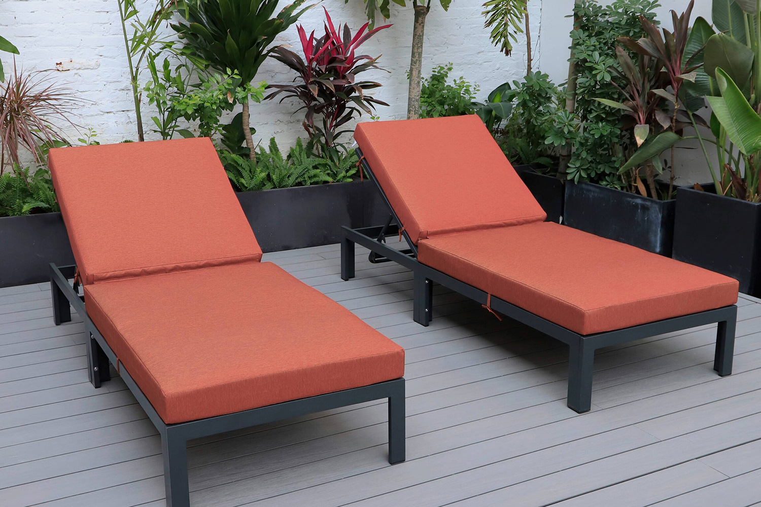 LeisureMod Chelsea Modern Outdoor Black Chaise Lounge Chair with Cushions (Set Of 2) - Orange