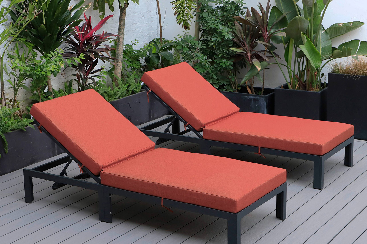 LeisureMod Chelsea Modern Outdoor Black Chaise Lounge Chair with Cushions (Set Of 2) - Orange