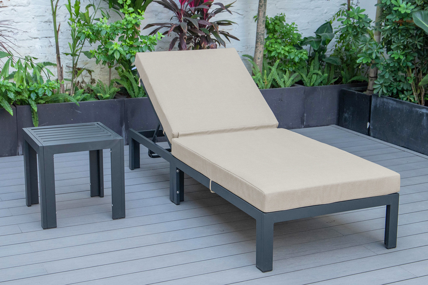 LeisureMod Chelsea Modern Outdoor Black Chaise Lounge Chair with Side Table and Cushions - Beige