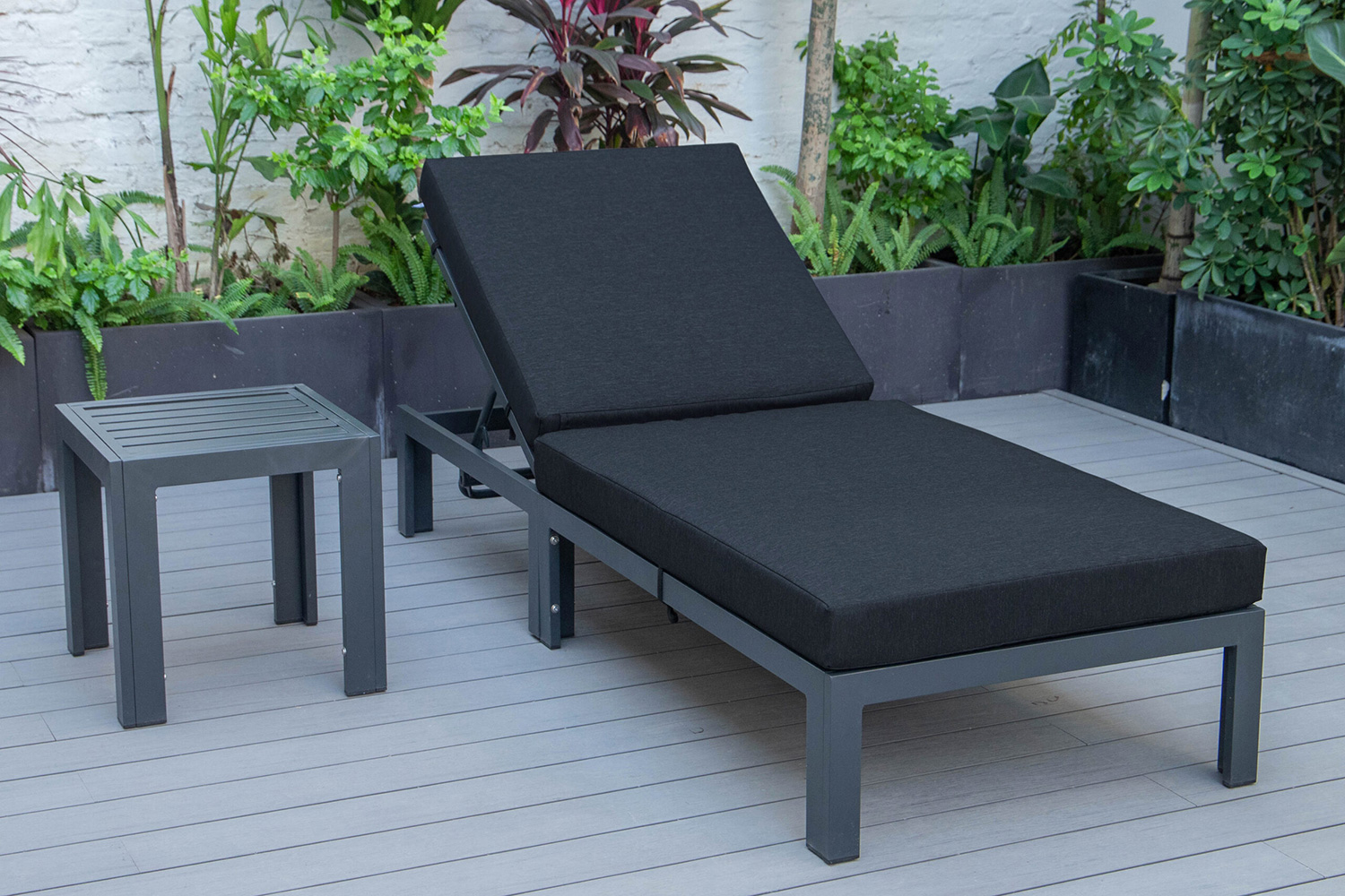 LeisureMod Chelsea Modern Outdoor Black Chaise Lounge Chair with Side Table and Cushions - Black