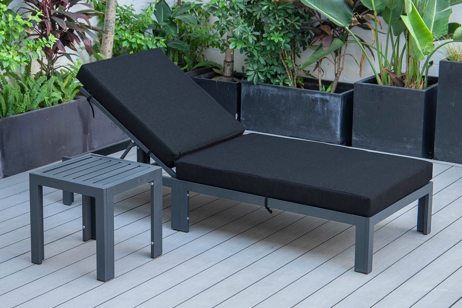 LeisureMod Chelsea Modern Outdoor Black Chaise Lounge Chair with Side Table and Cushions - Black