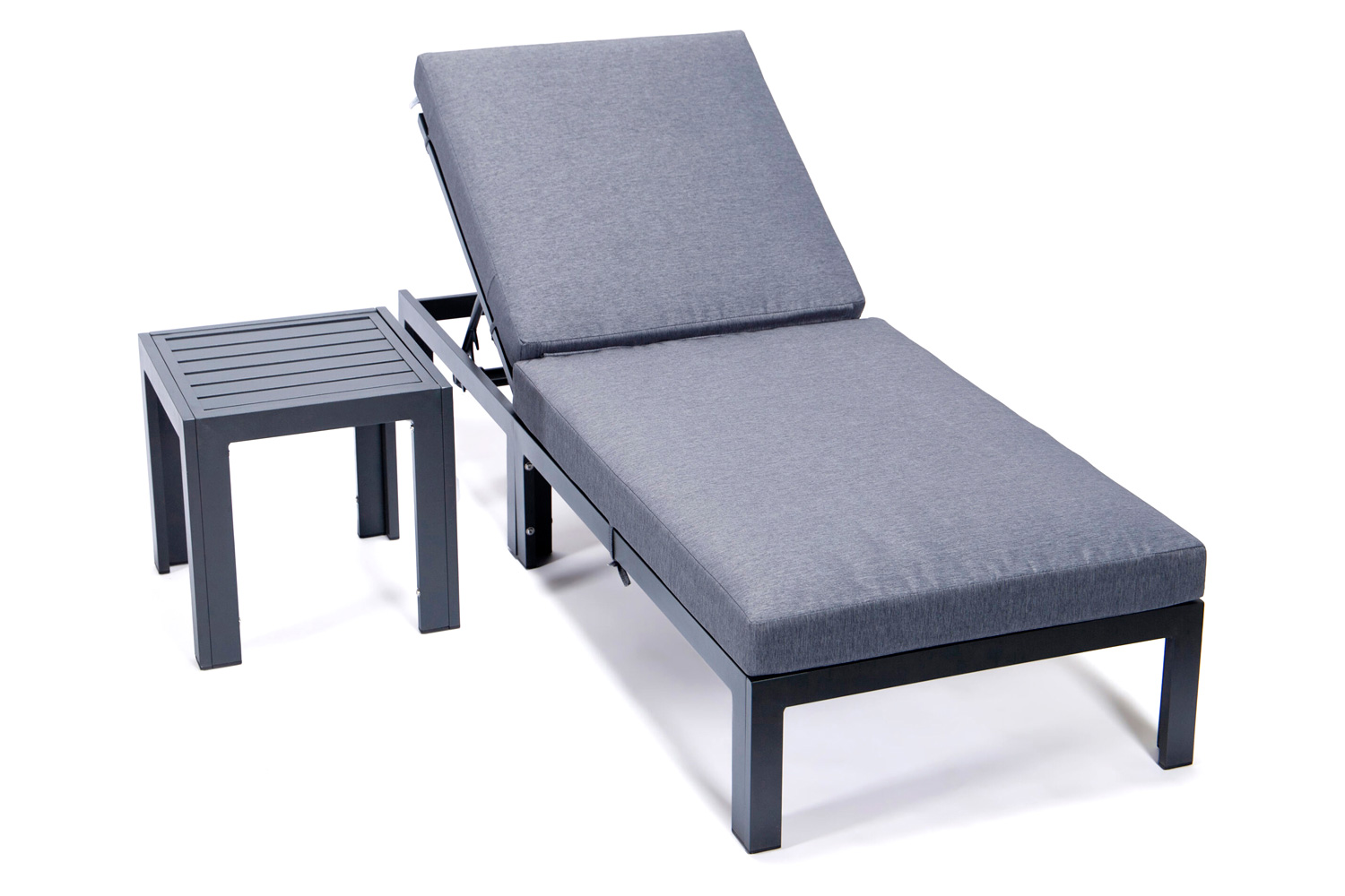 LeisureMod Chelsea Modern Outdoor Weathered Gray Chaise Lounge Chair with Side Table and Cushions