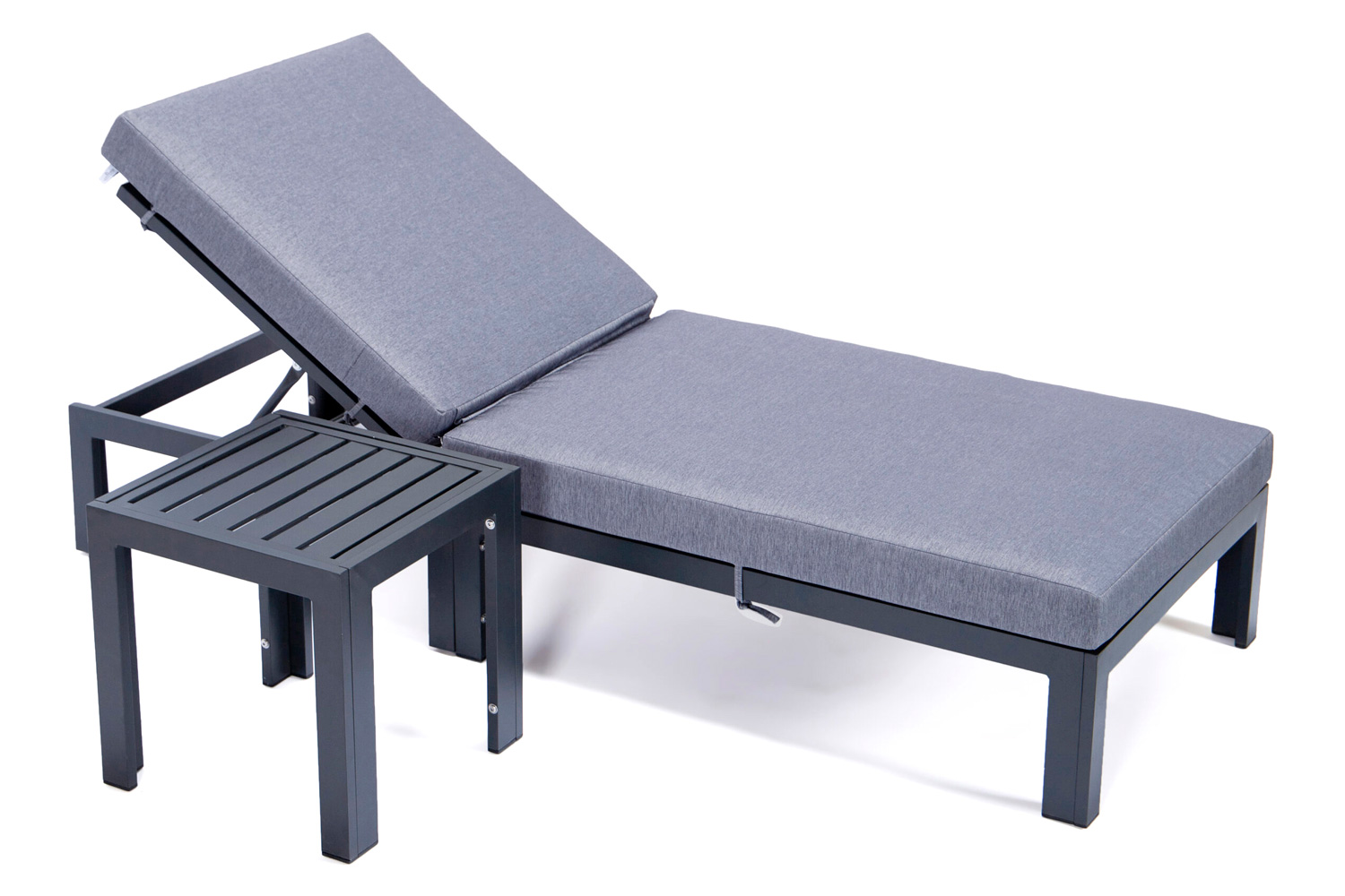 LeisureMod Chelsea Modern Outdoor Black Chaise Lounge Chair with Side Table and Cushions - Blue