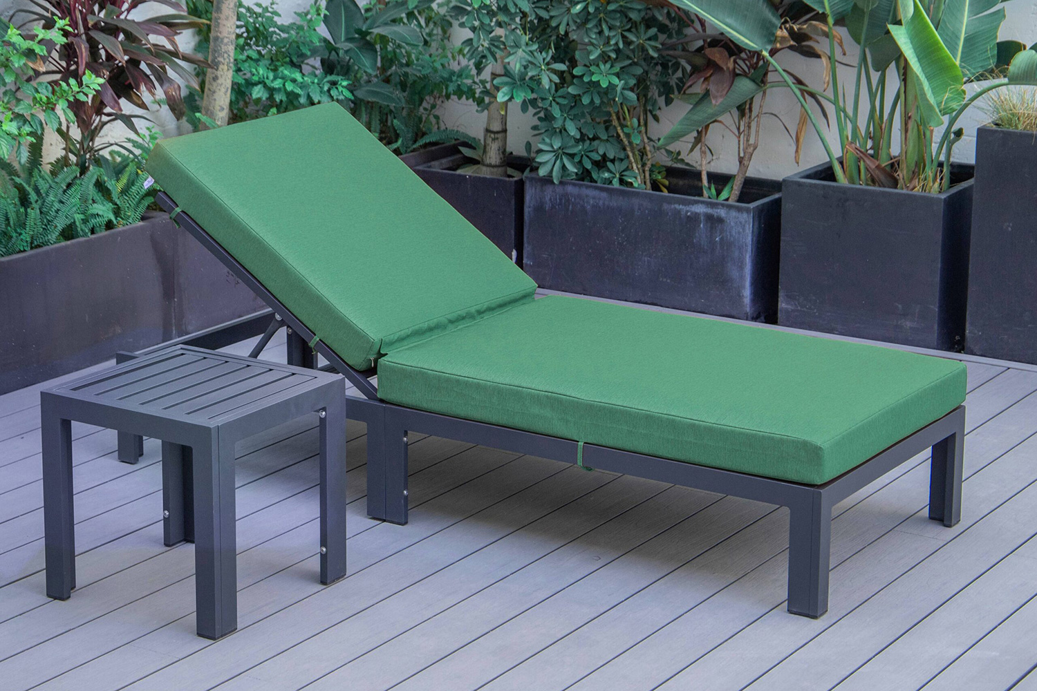 LeisureMod Chelsea Modern Outdoor Black Chaise Lounge Chair with Side Table and Cushions - Green