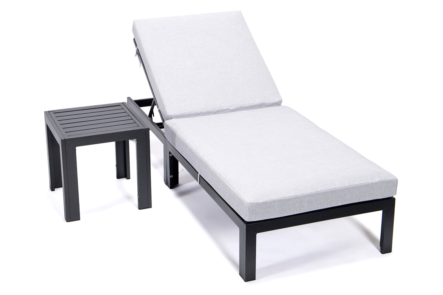 LeisureMod Chelsea Modern Outdoor Weathered Gray Chaise Lounge Chair with Side Table and Cushions