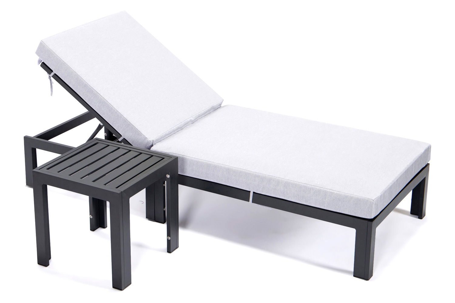 LeisureMod Chelsea Modern Outdoor Black Chaise Lounge Chair with Side Table and Cushions - Light Gray