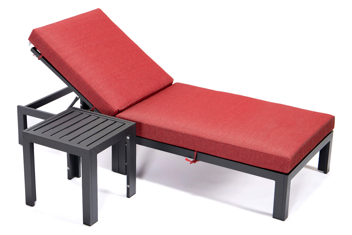 LeisureMod Chelsea Modern Outdoor Black Chaise Lounge Chair with Side Table and Cushions - Red