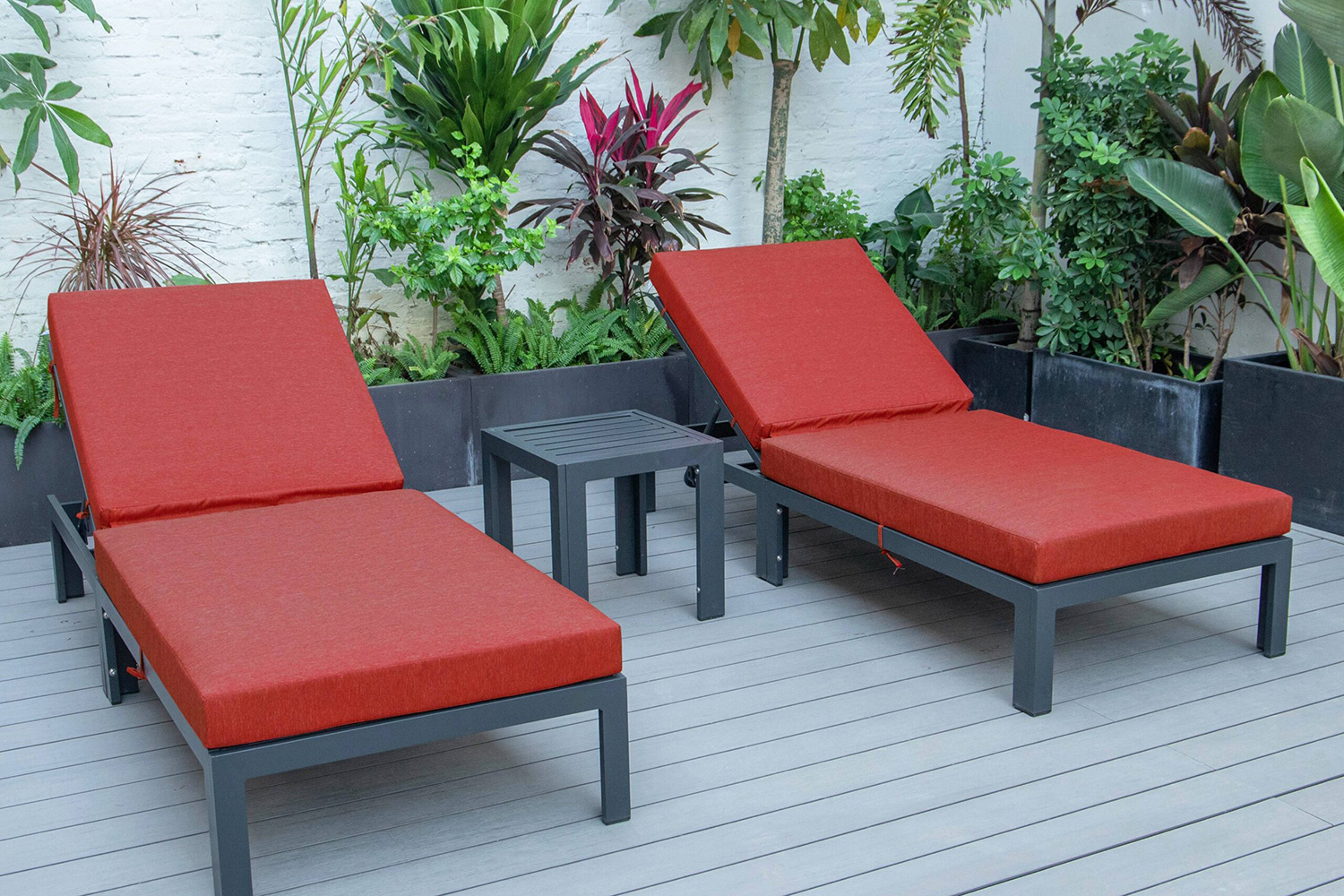 LeisureMod™ Chelsea Modern Outdoor Black Chaise Lounge with Side Table and Cushions (Set Of 2) - Red