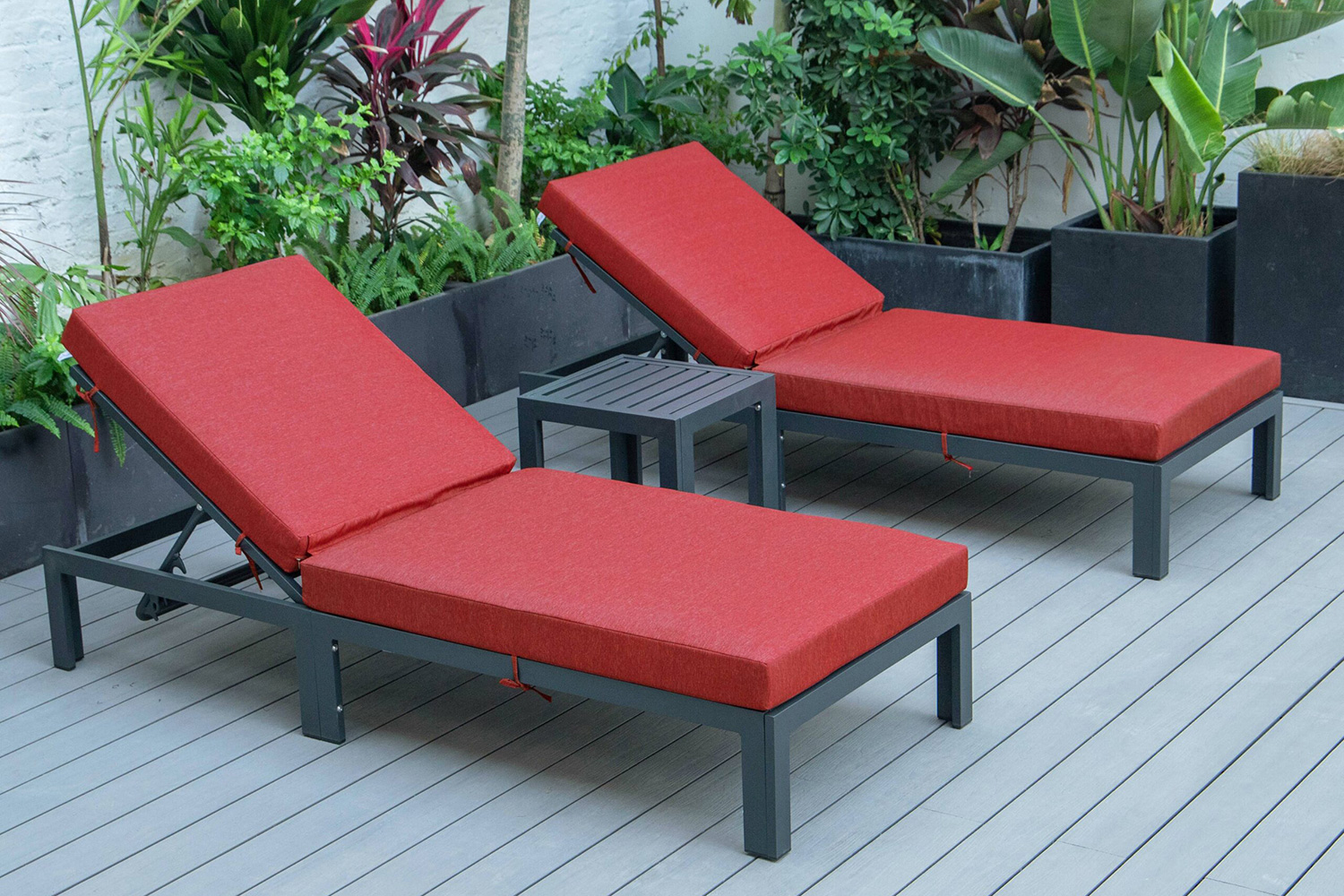 LeisureMod™ Chelsea Modern Outdoor Black Chaise Lounge with Side Table and Cushions (Set Of 2) - Red