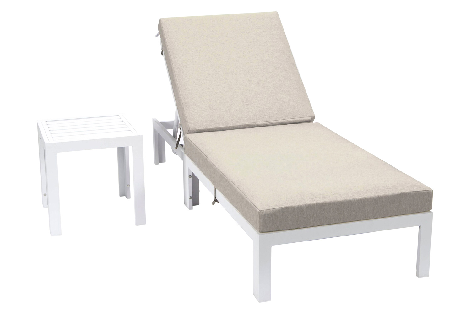 LeisureMod Chelsea Modern Outdoor Weathered Gray Chaise Lounge Chair with Side Table and Cushions