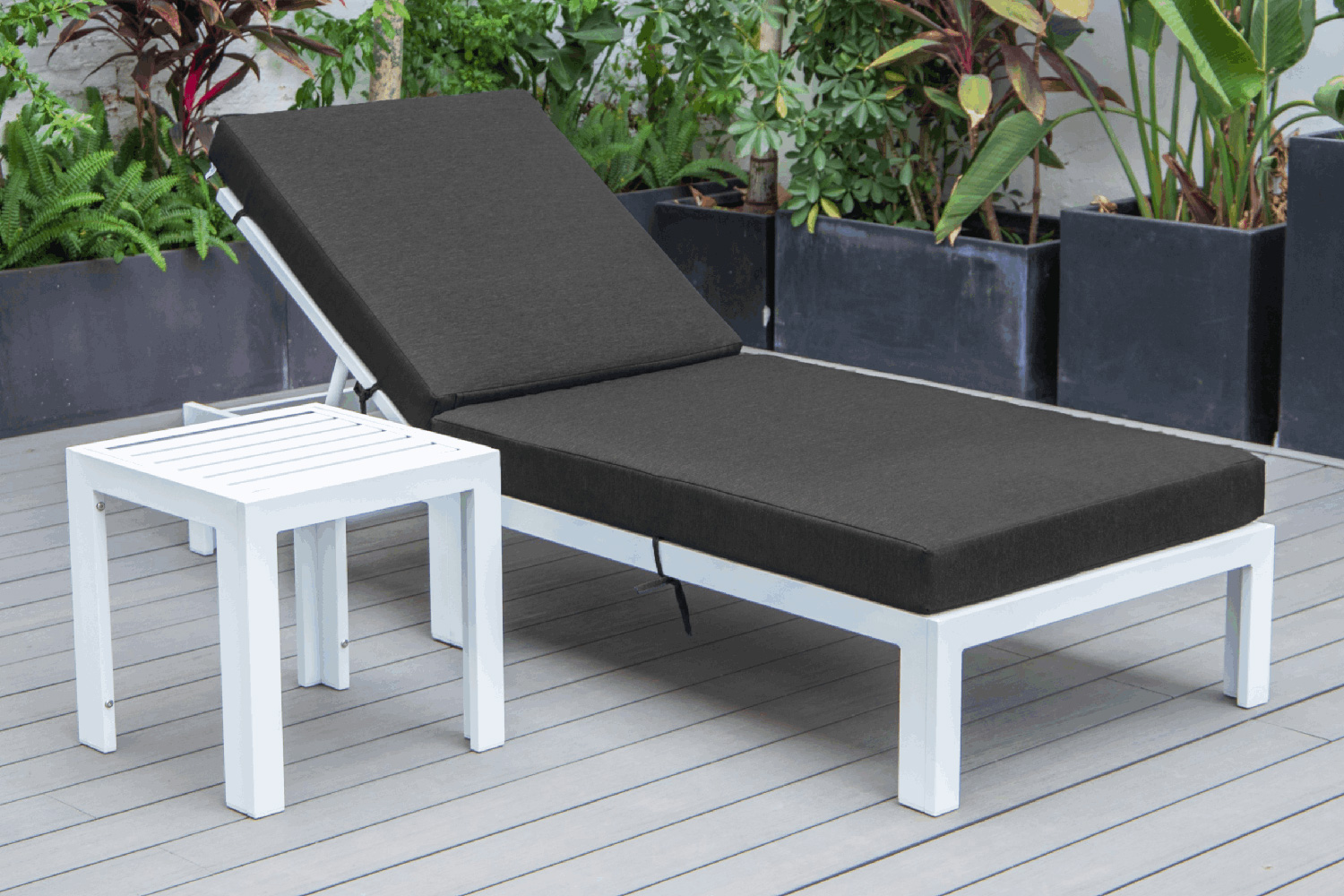 LeisureMod Chelsea Modern Outdoor White Chaise Lounge Chair with Side Table and Cushions - Black