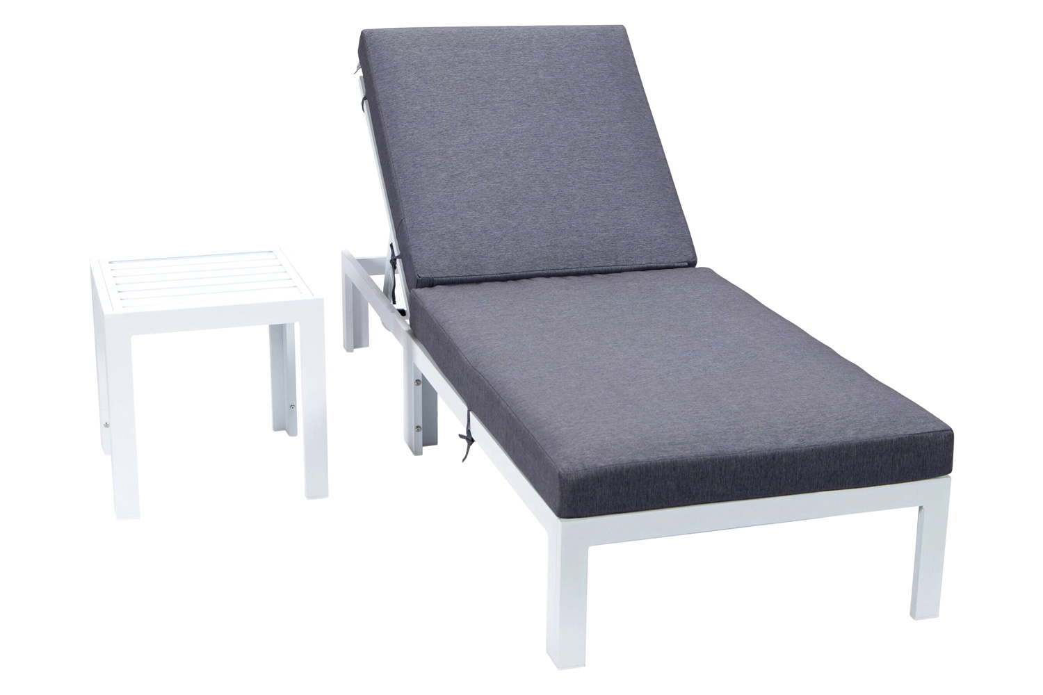 LeisureMod Chelsea Modern Outdoor Weathered Gray Chaise Lounge Chair with Side Table and Cushions